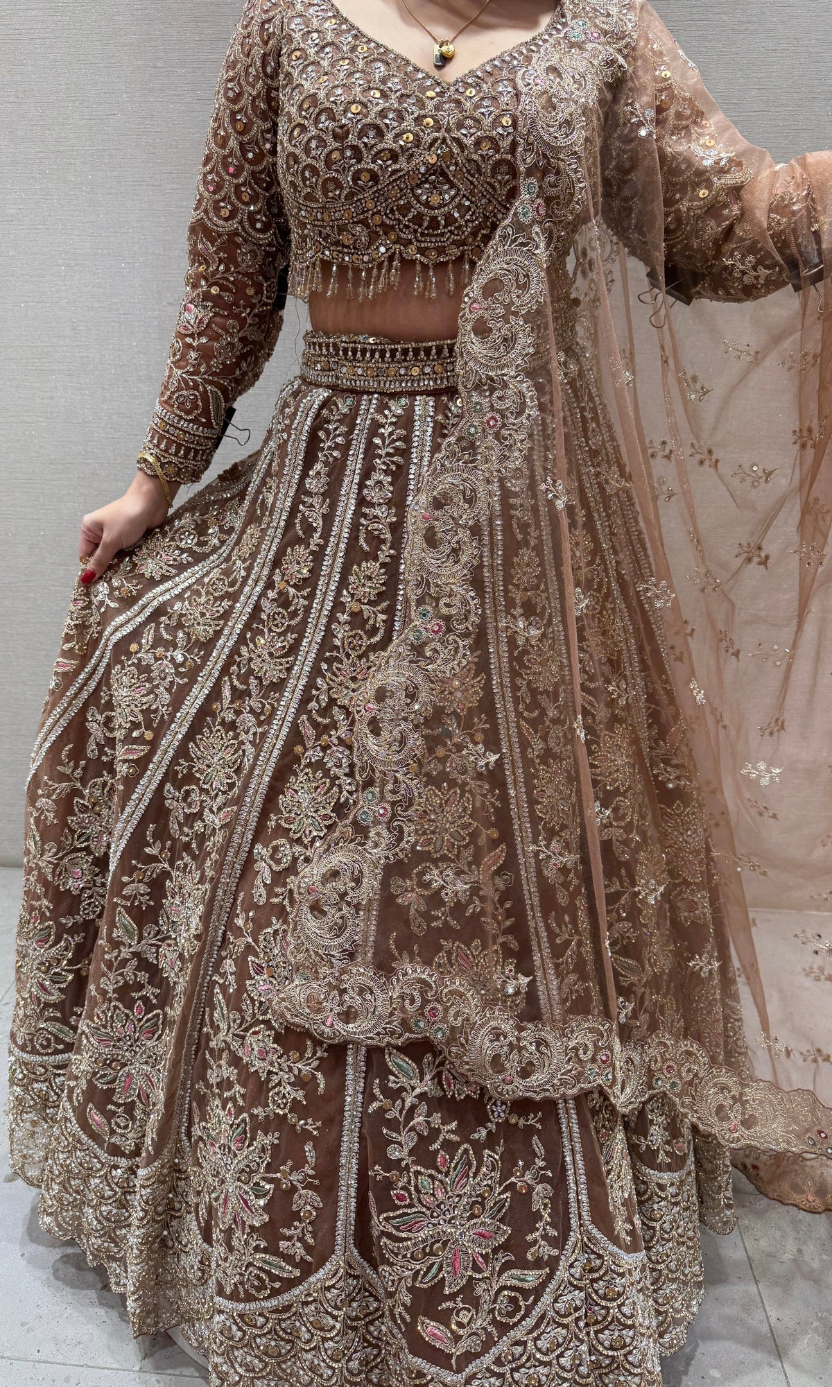 mocha Brown Lehenga with gold embroidered