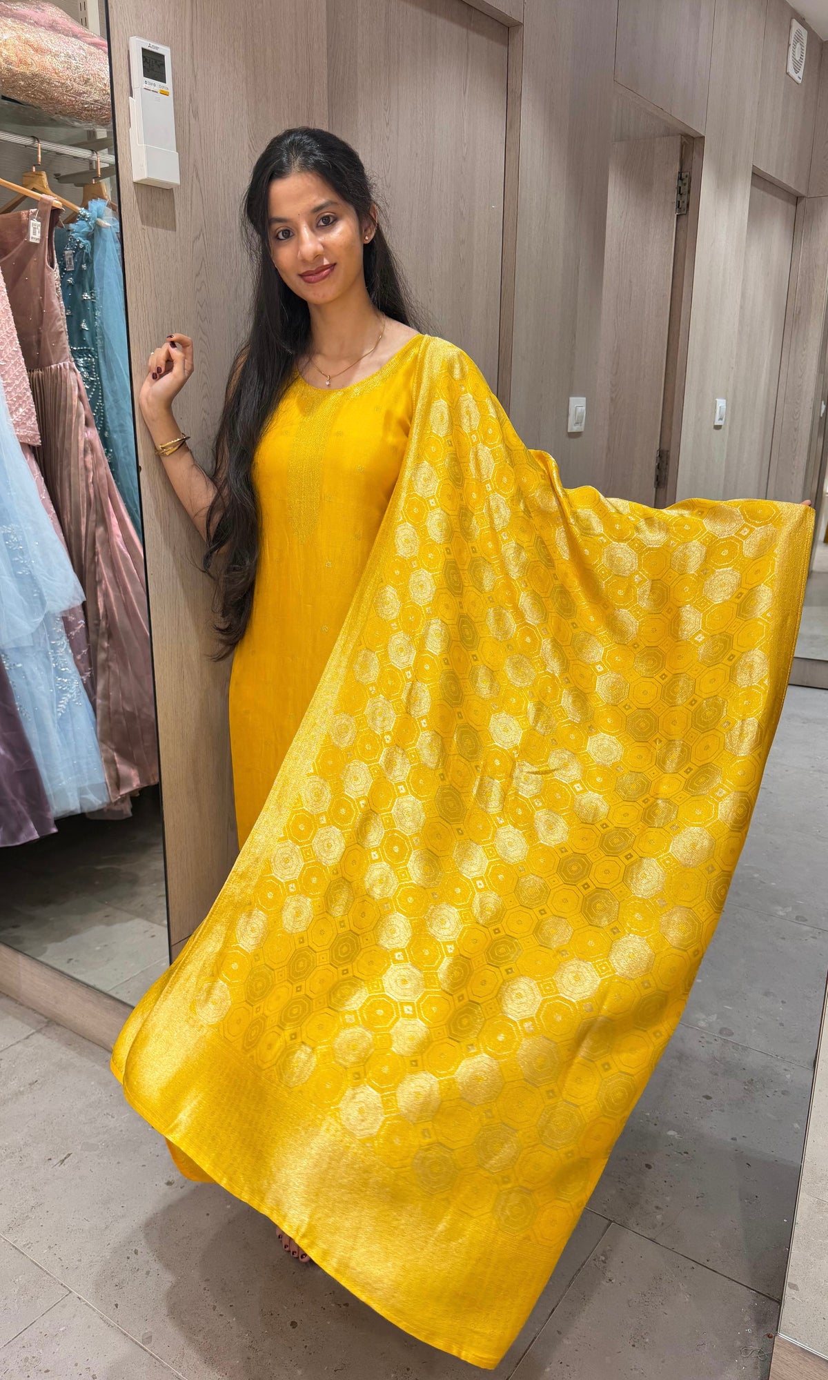 Yellow Banarasi silk Kurta Set with Patterned Dupatta