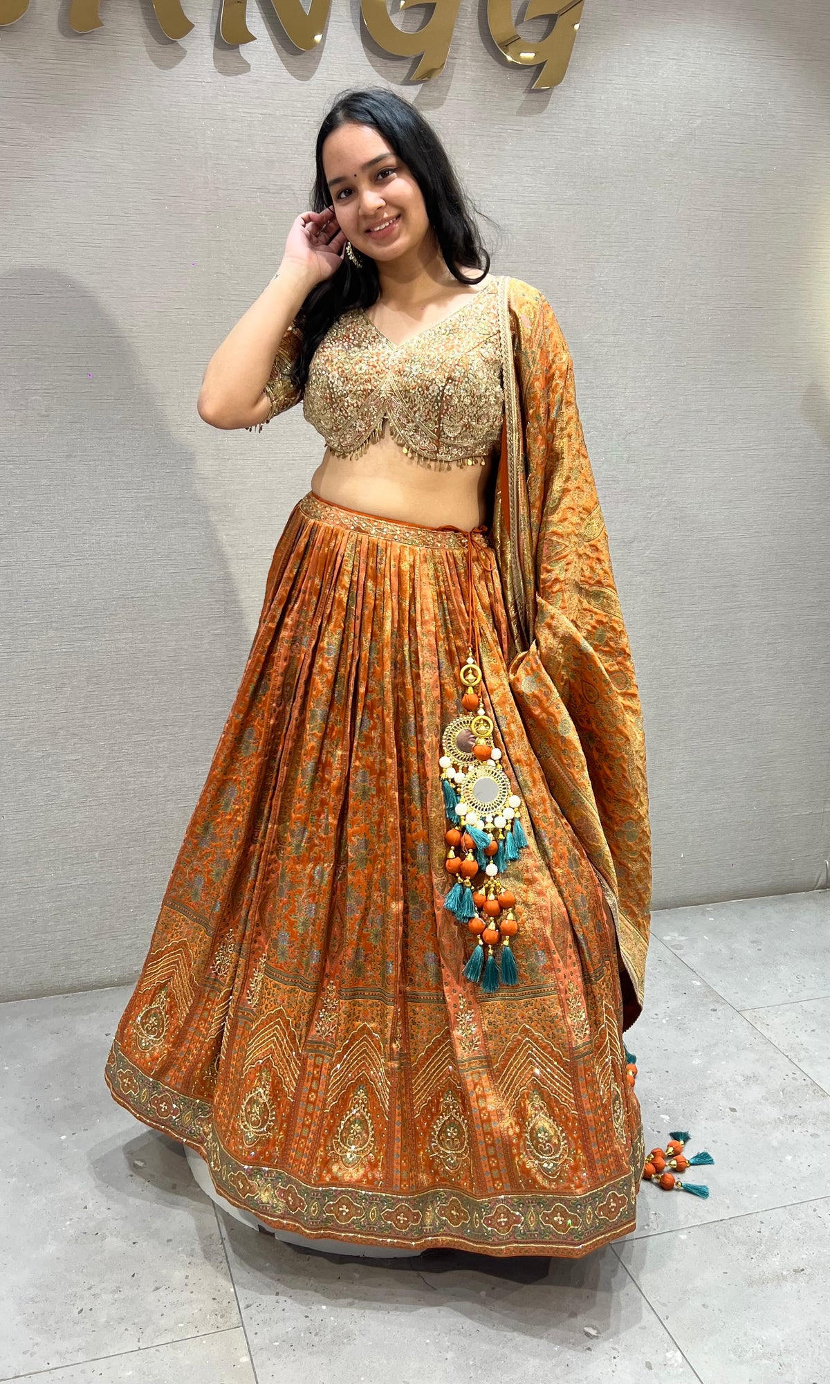 Rust Orange & Gold Embroidered Lehenga Set
