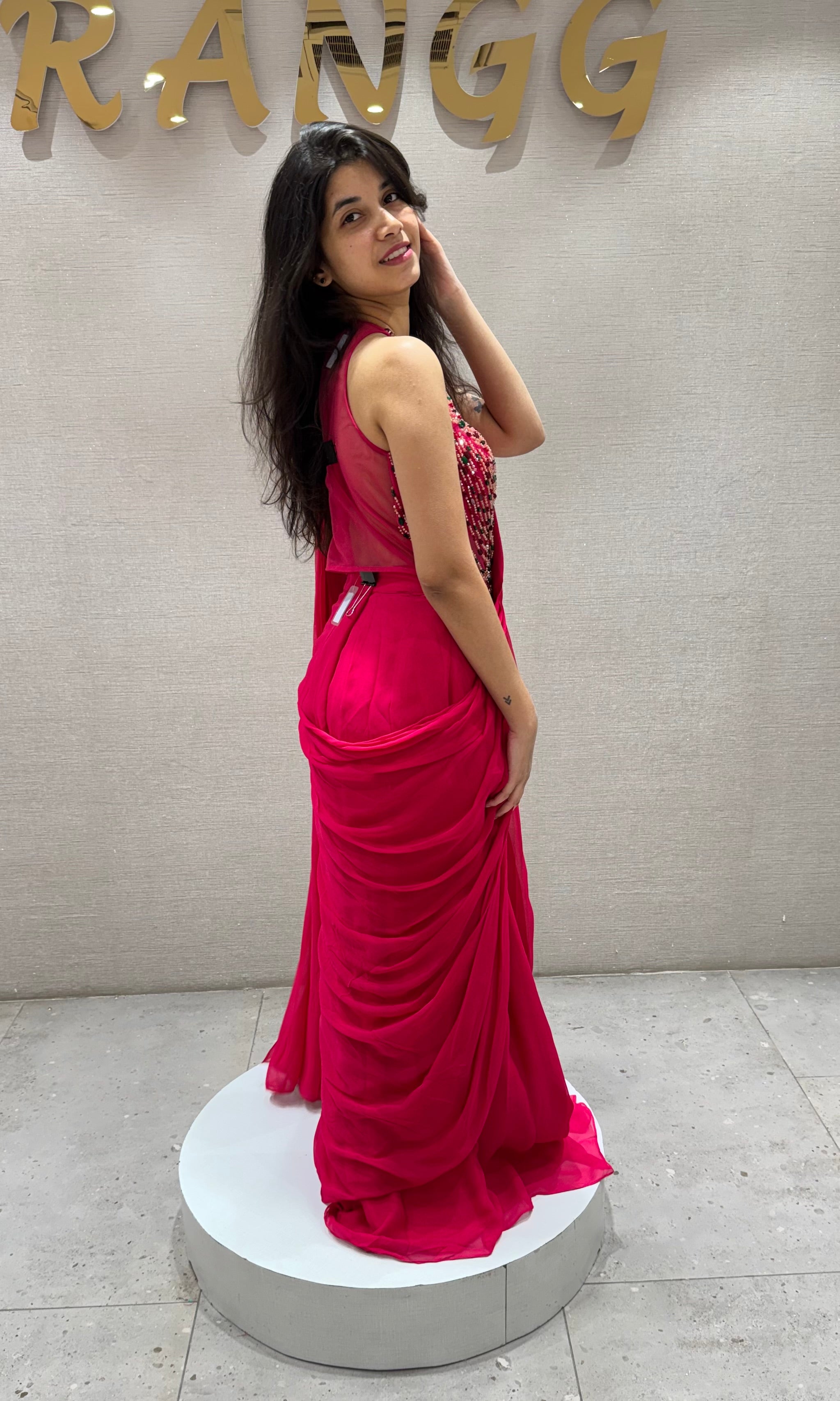 Pink DRAPE SAREE WITH HALTER BLOUSE