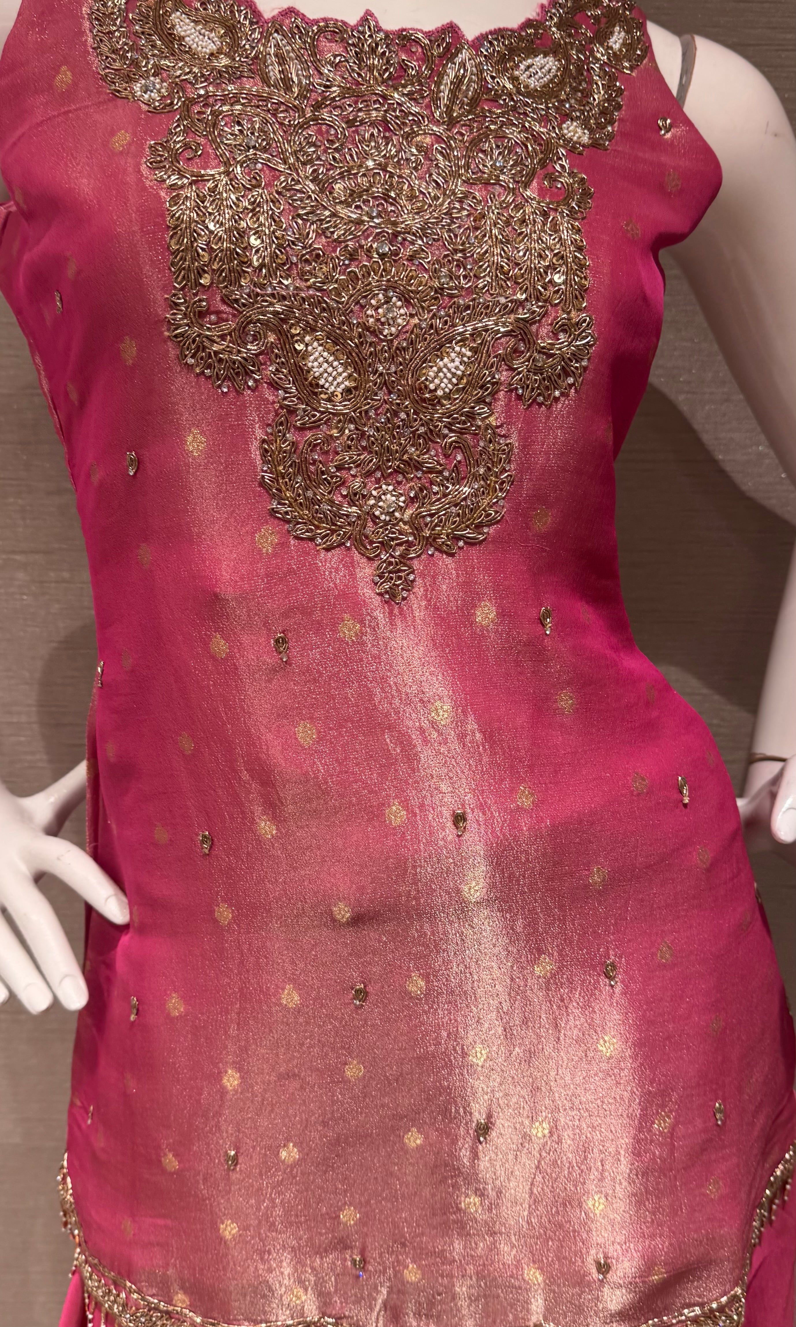 Rani Gold Tissue silk Embroidered Sharara Set