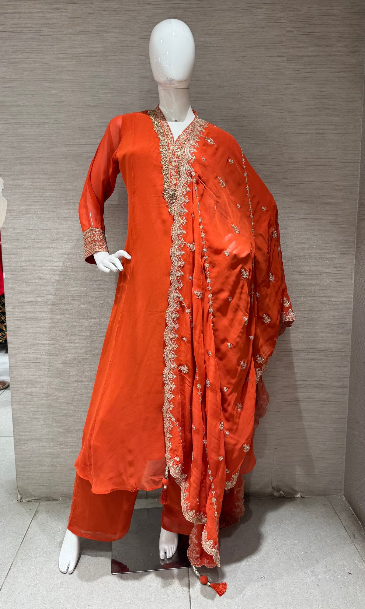 Orange Embroidered Cotton Kurta Set with Floral Dupatta
