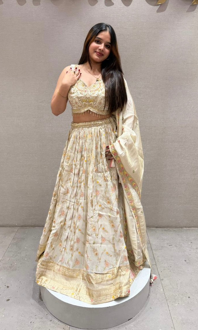 Pearl white lehenga with gold embroidered