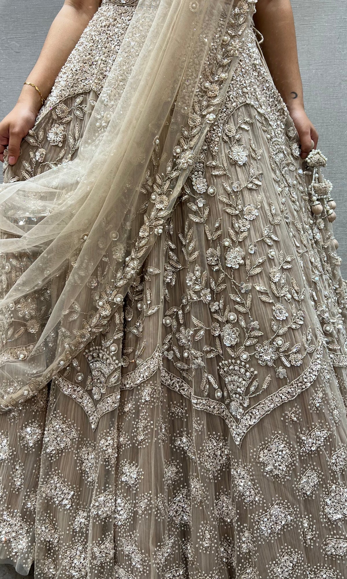 Champagne Soft Net Intricate Zari Sequin Embroidery Bridal lehenga
