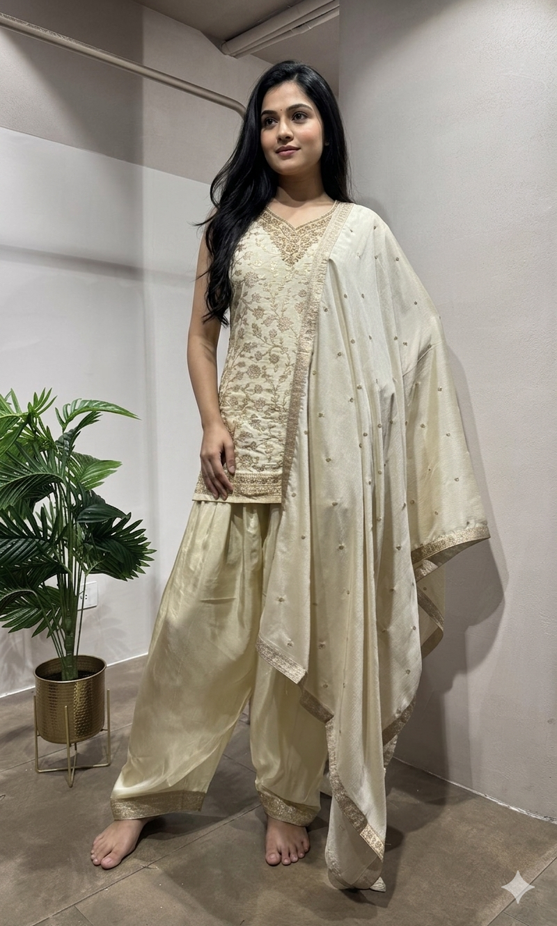half white kurta set with pants and a dupatta