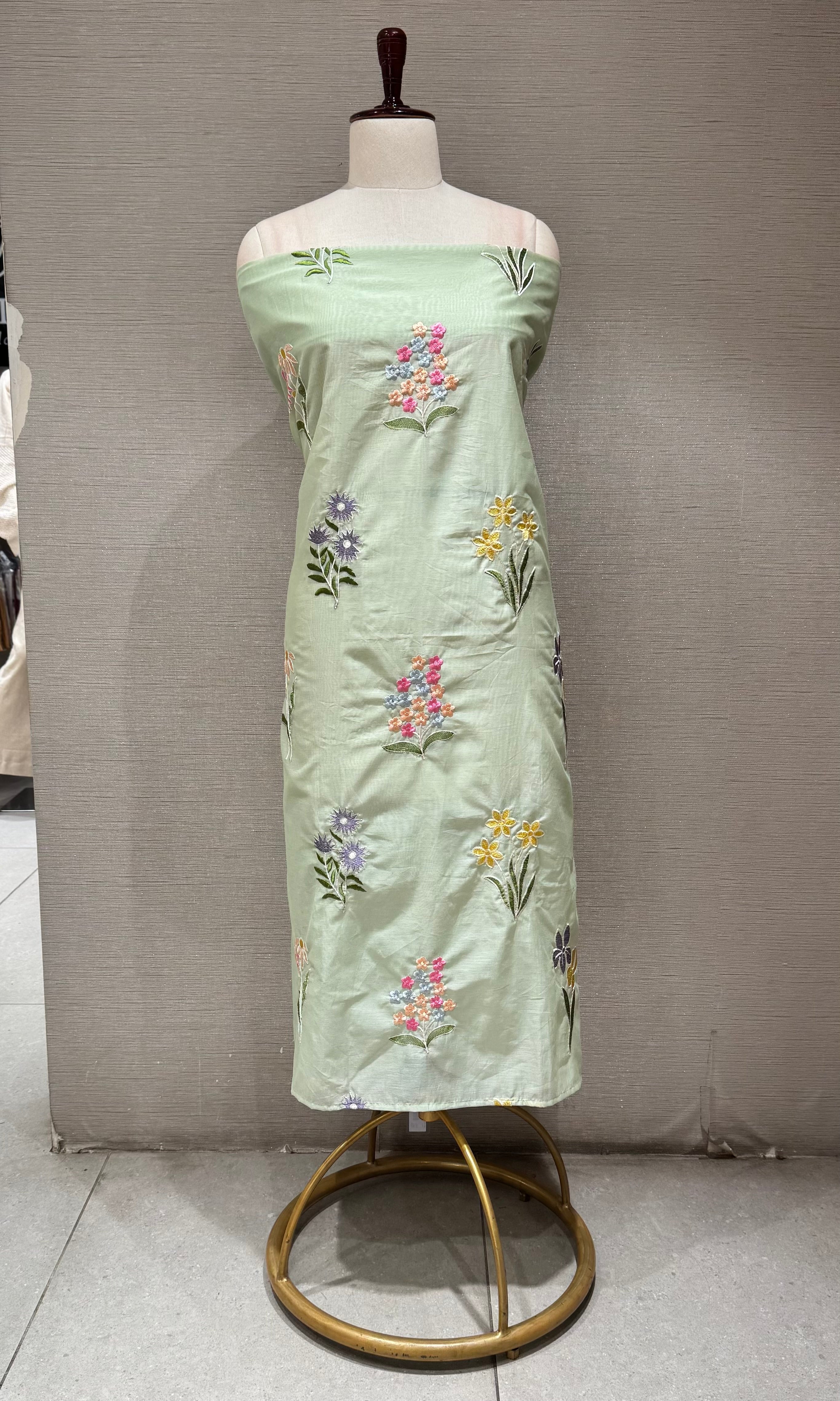 Pastel Light Green Floral Embroidery Dress material