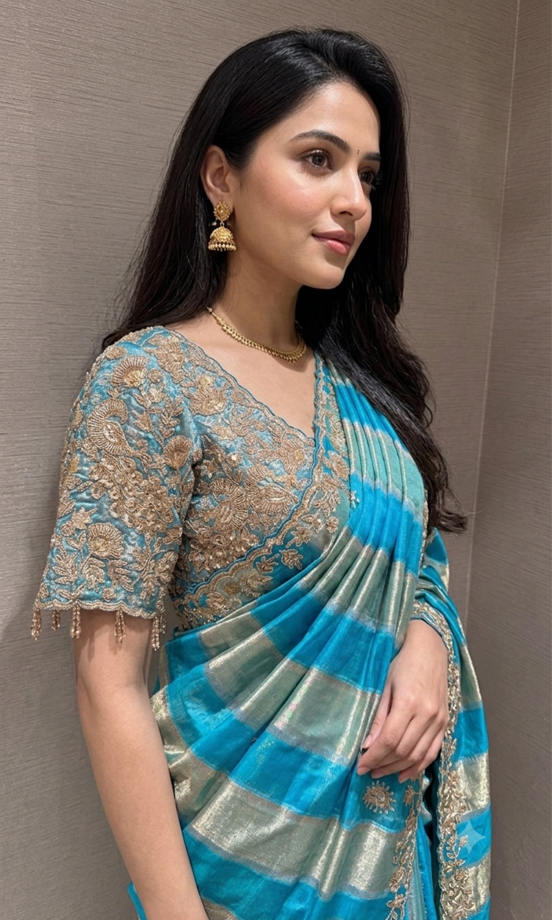 Blue Leheriya saree with embroidered blouse