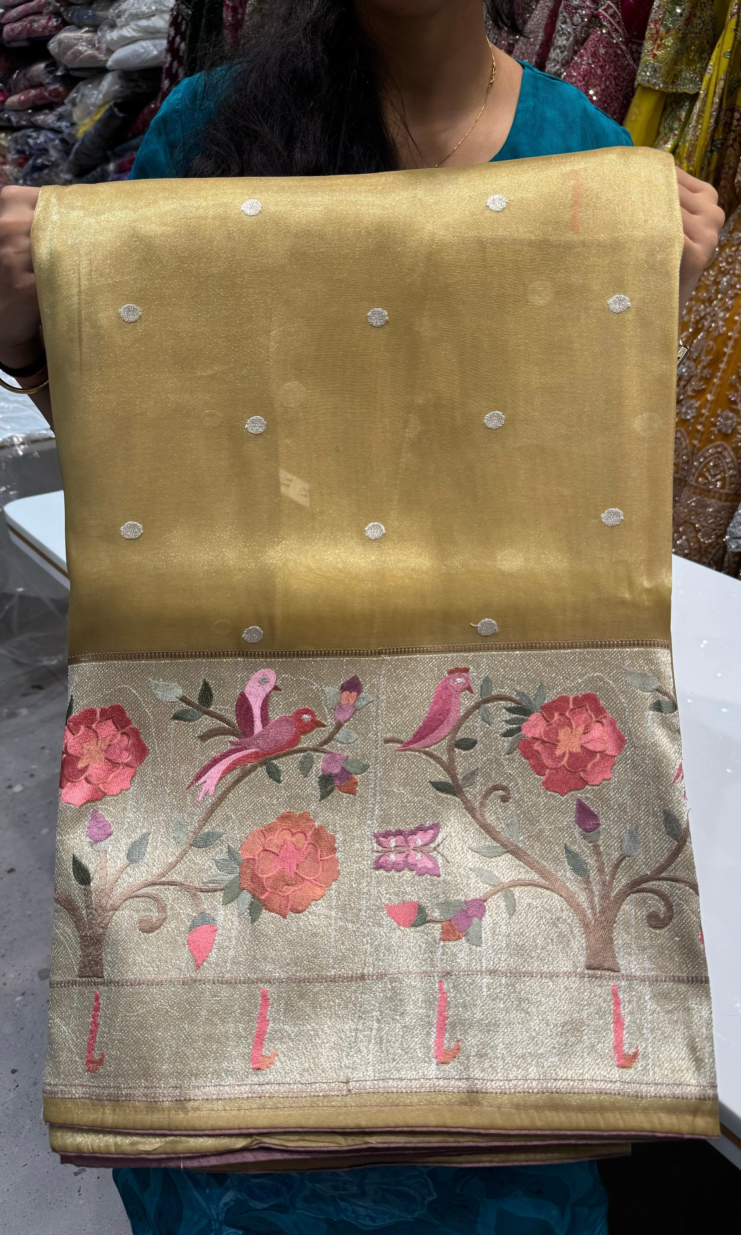 Gold soft tissue saree with paithani embroidery with buta work