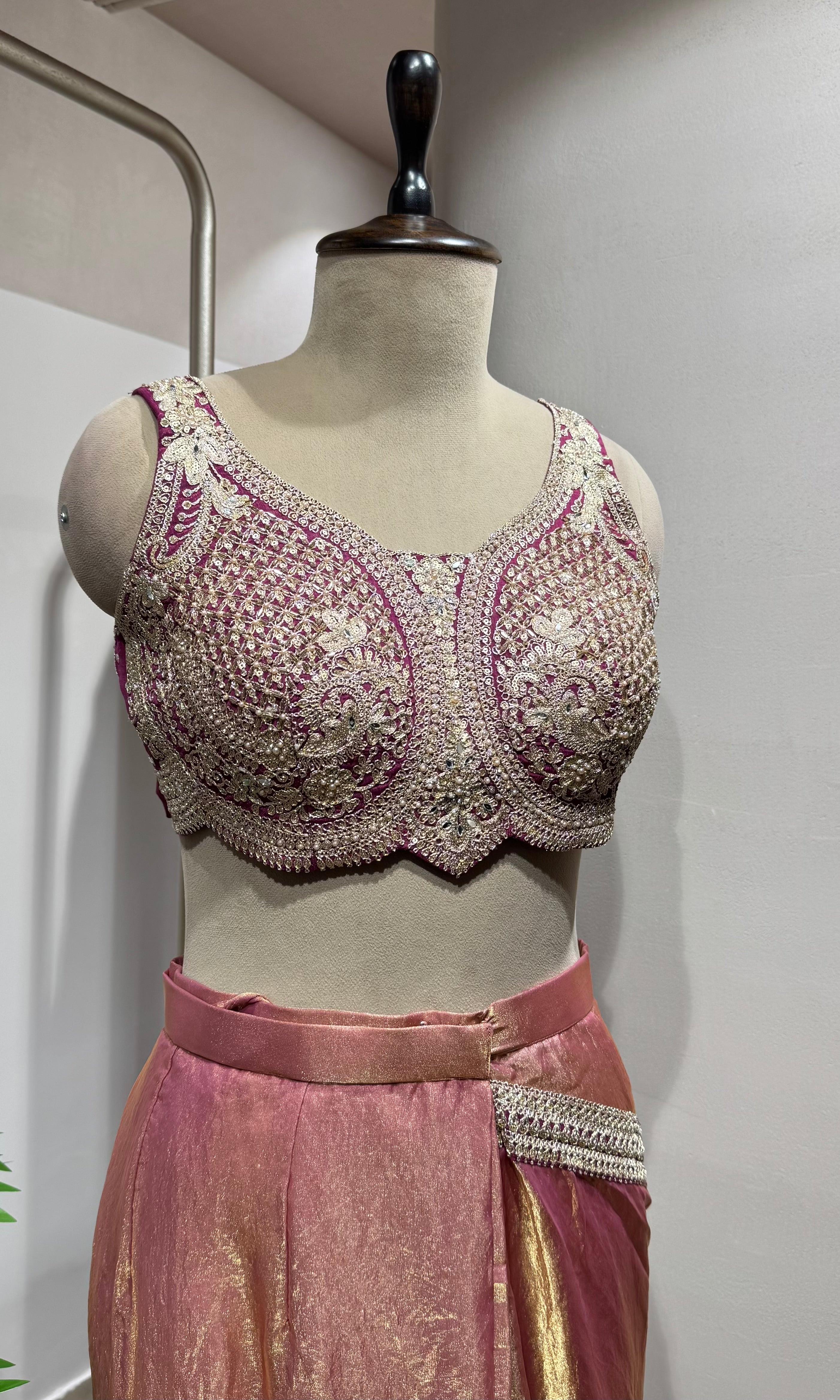 Wine drape saree with embellished blouse