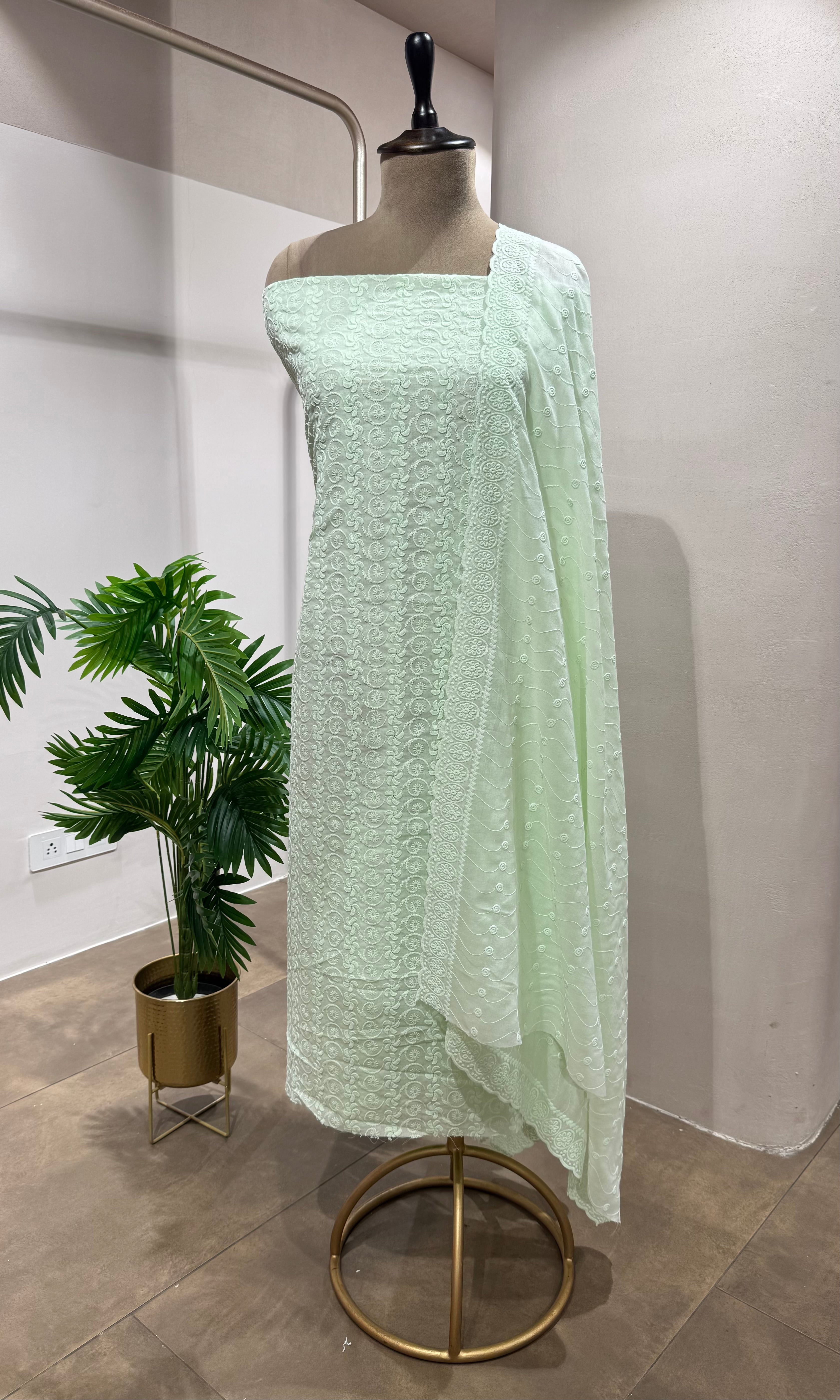 GREEN CHIKANKARI DRESS MATERIAL