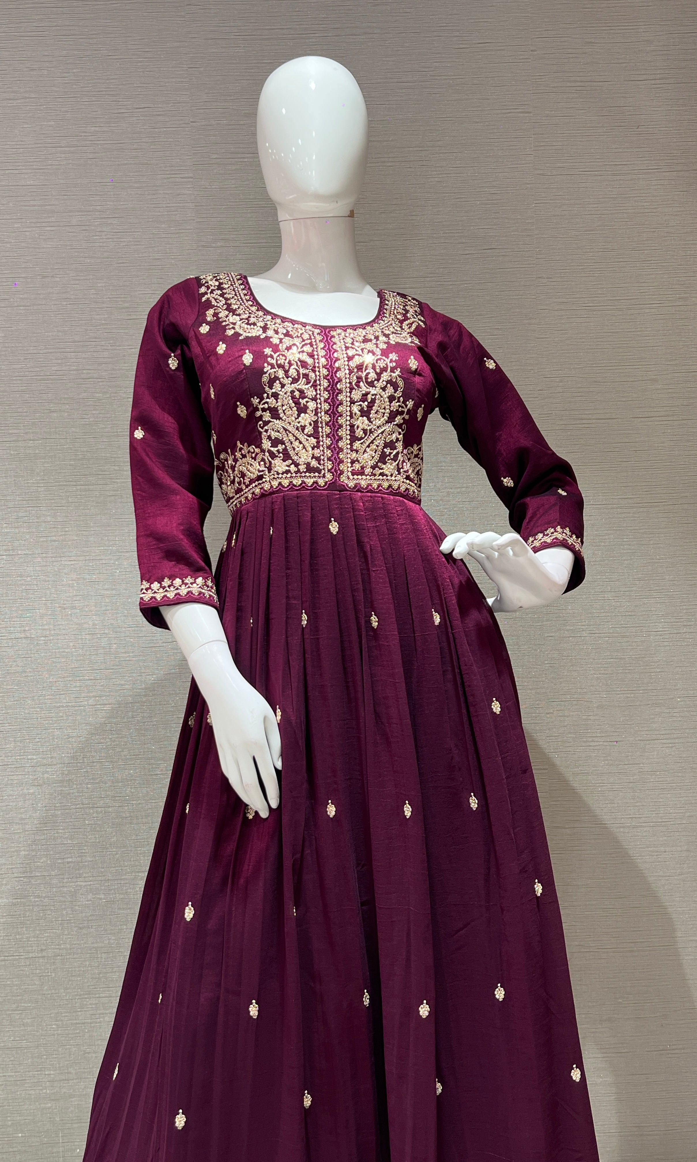 Wine EMBROIDERED ANARKALI LONG DRESS
