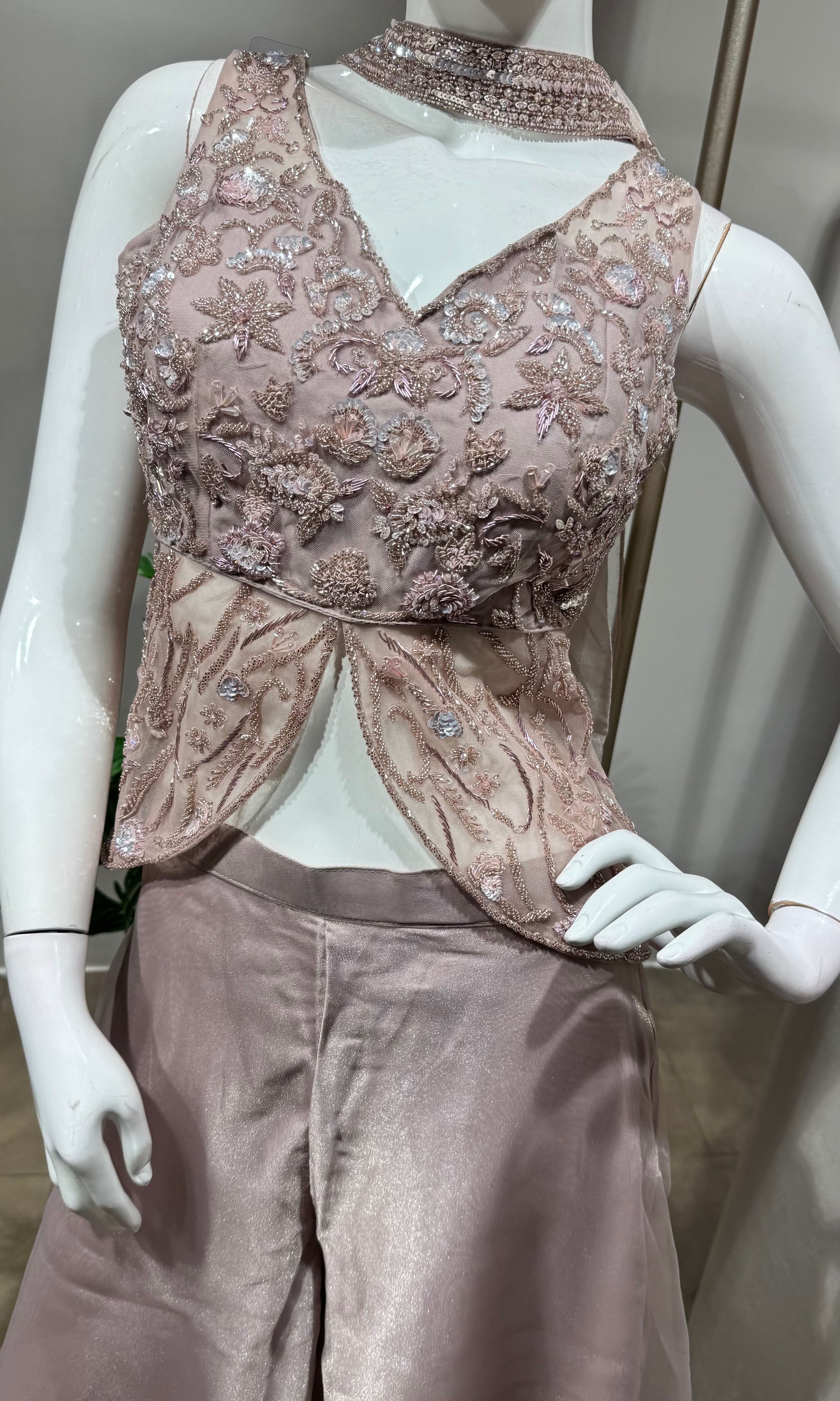 pink embellished crop top and palazzo set