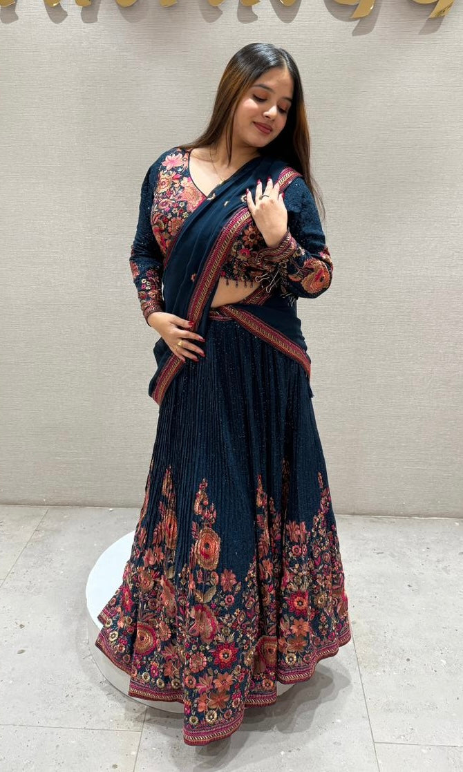 Teal blue floral sequins Lehenga