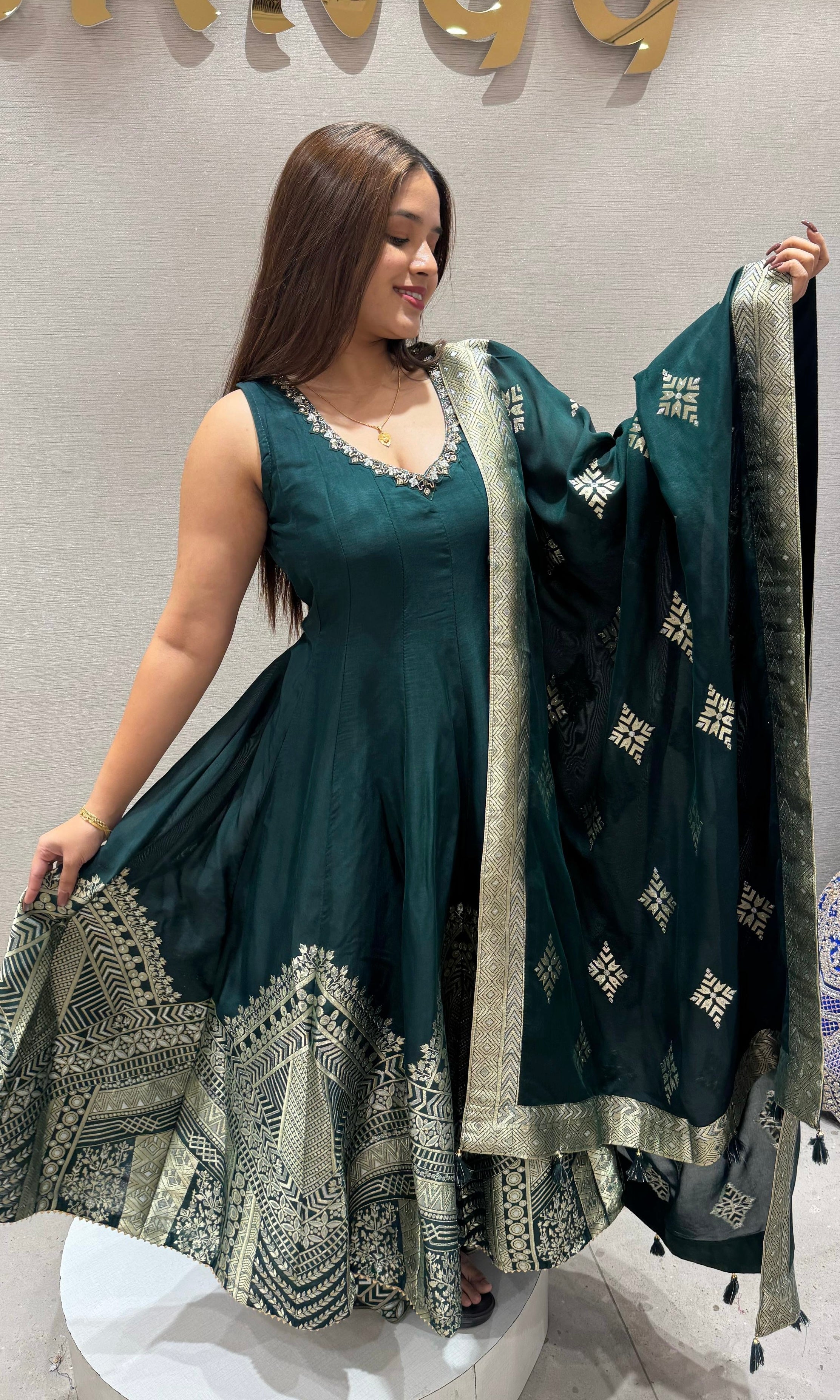 GREEN BANARASI ANARKALI WITH PALAZZO