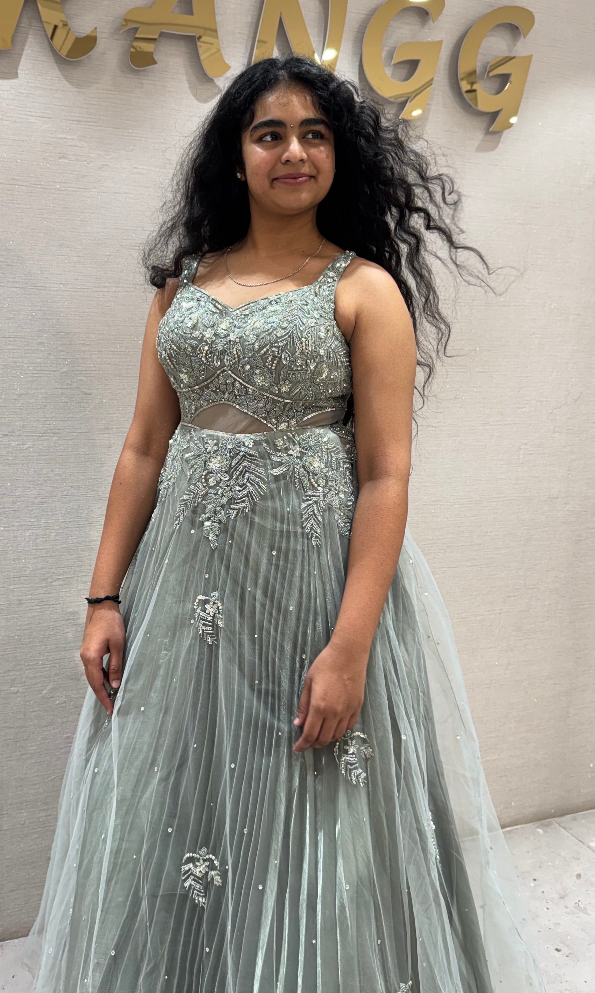 Pastel Green Sage Floral Applique Gown