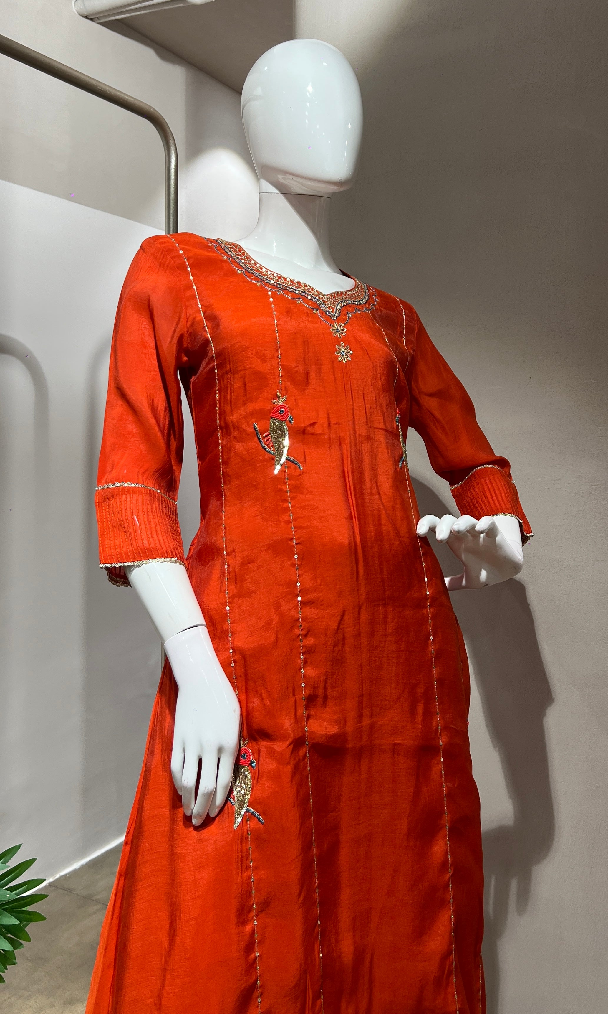 RUST Floral EMBROIDERY MULCHANDERI KURTA SET