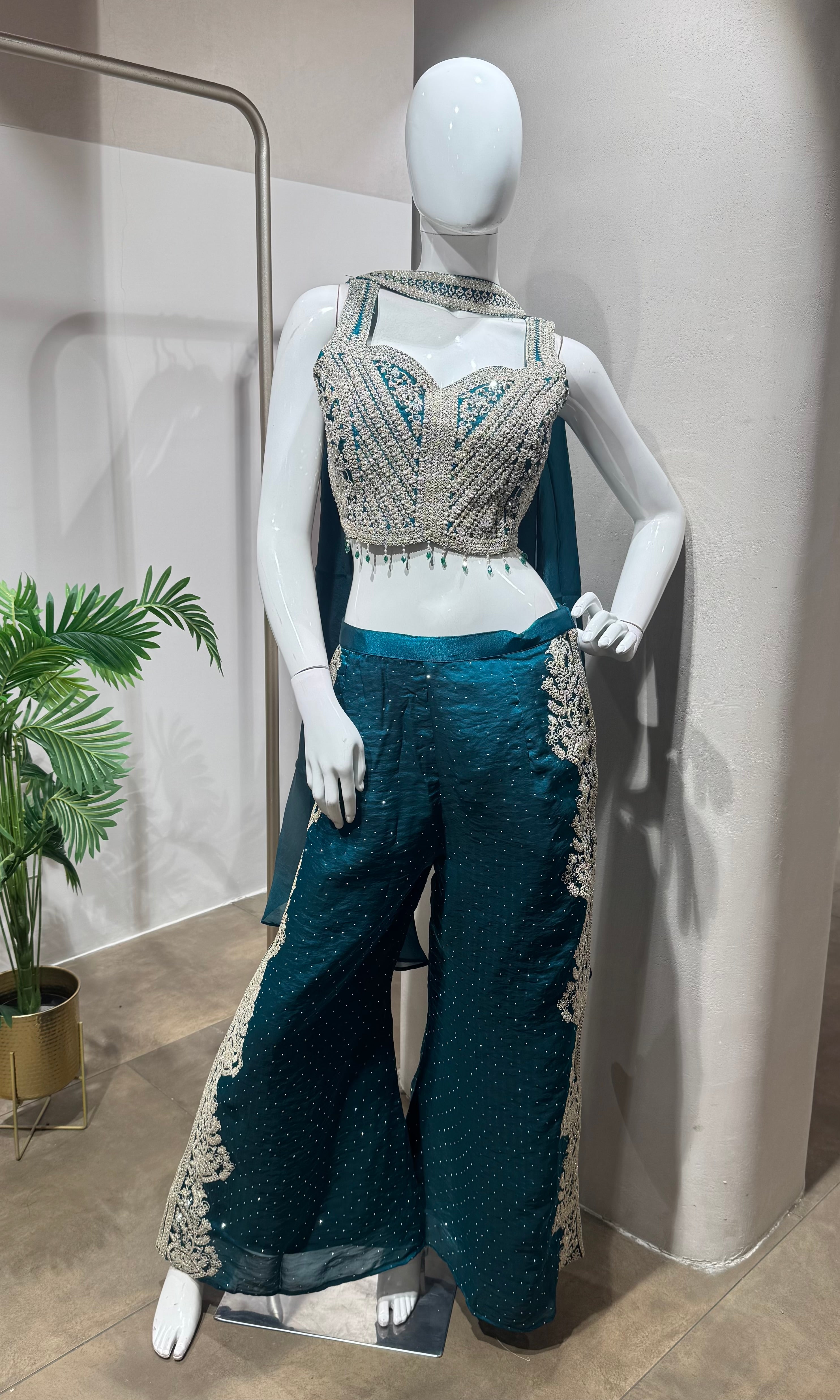 GREEN Sequins Crop Top PALAZZO SET