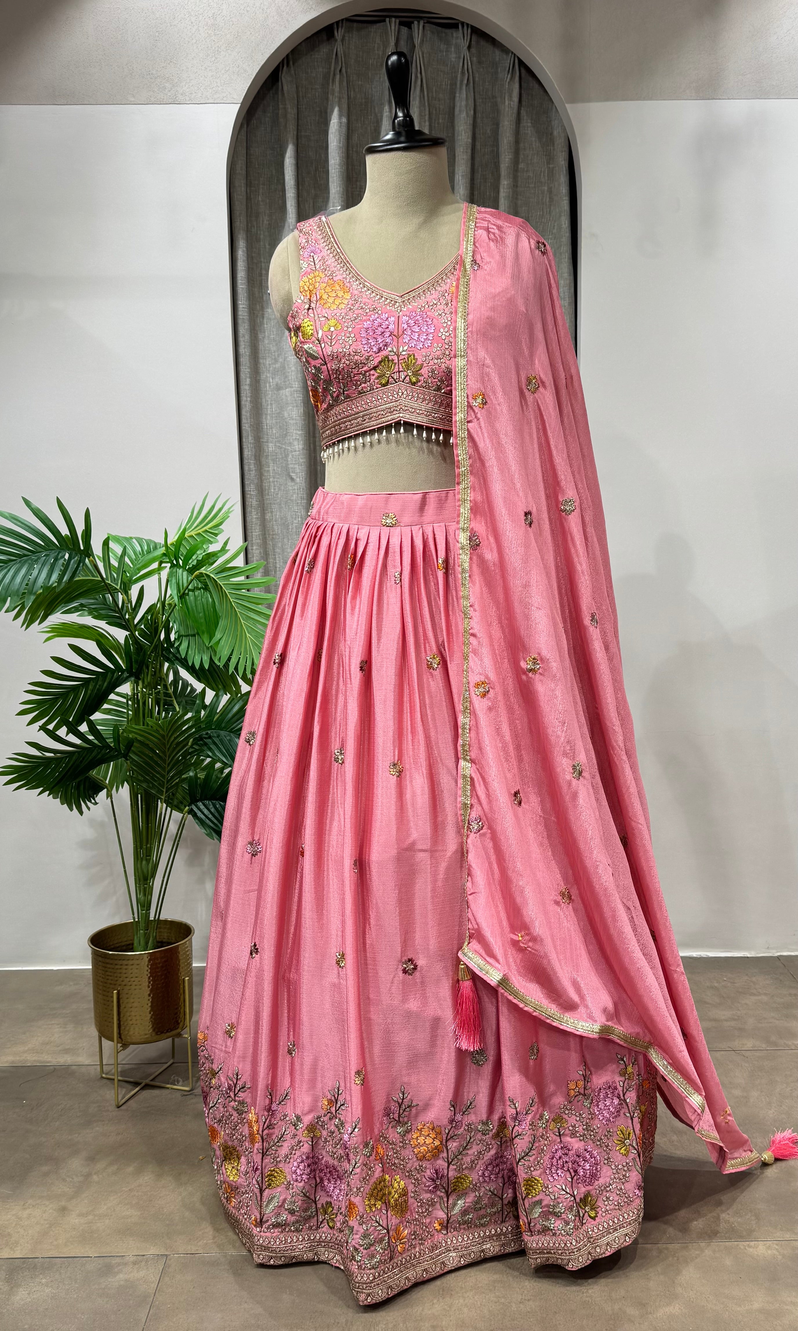 Pink Organza Embroidered Bridal Lehenga