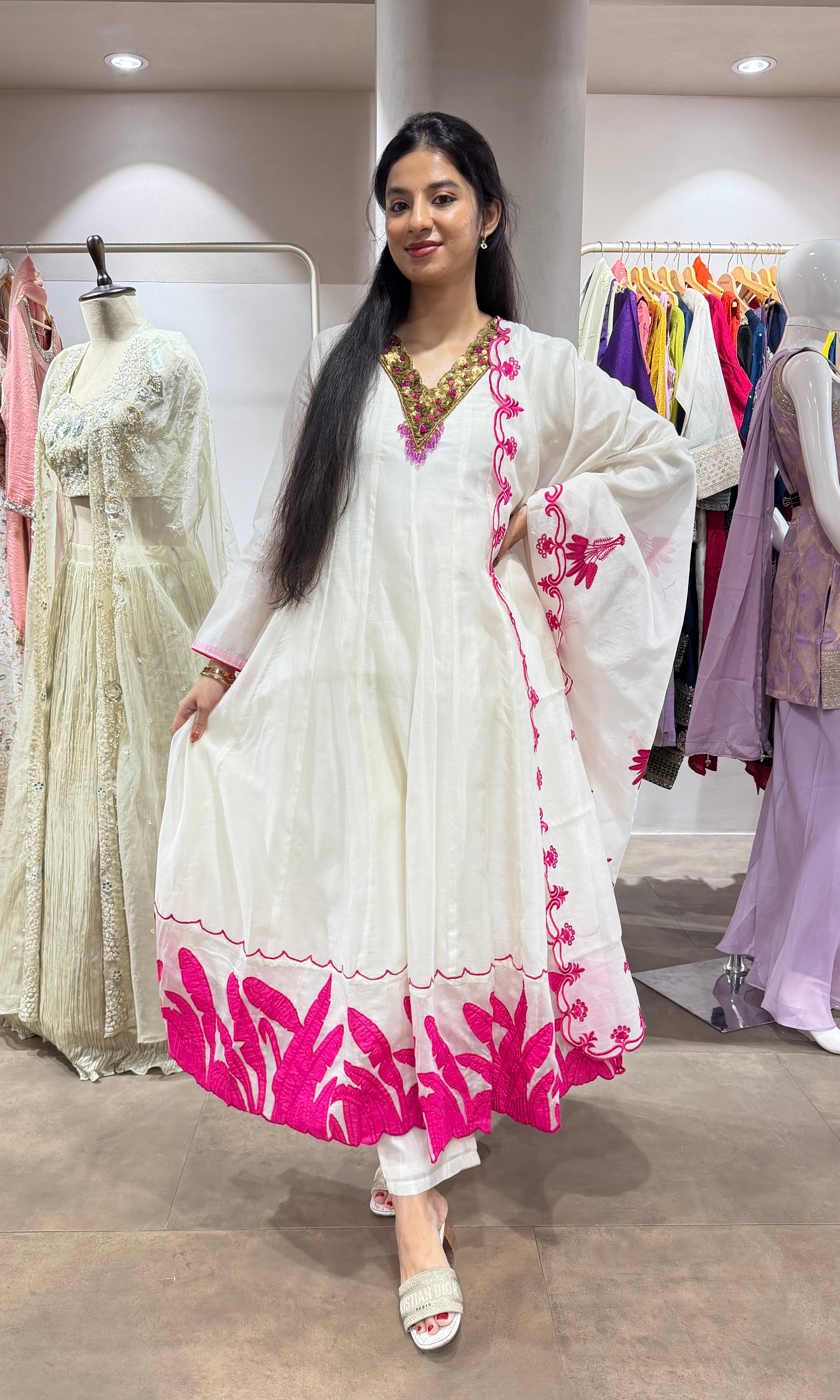 HALF WHITE & PINK ETHNIC ANARKALI SET
