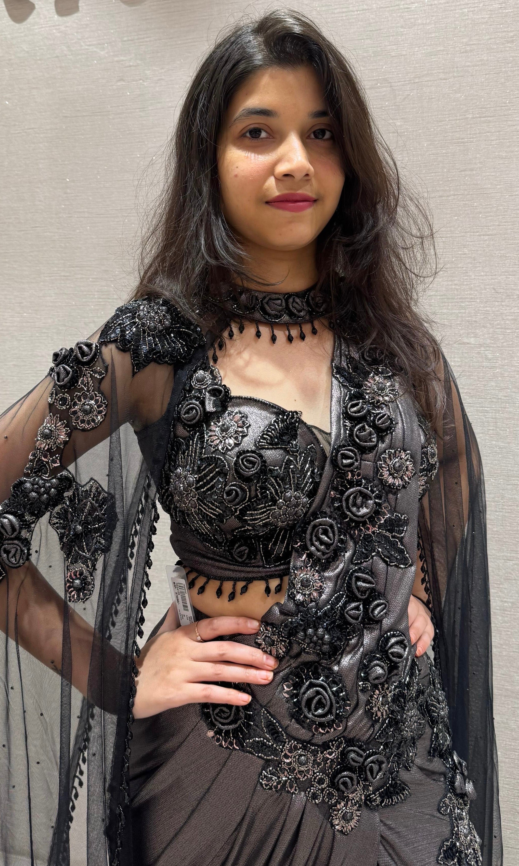 Black sequin drape saree with sheer cape