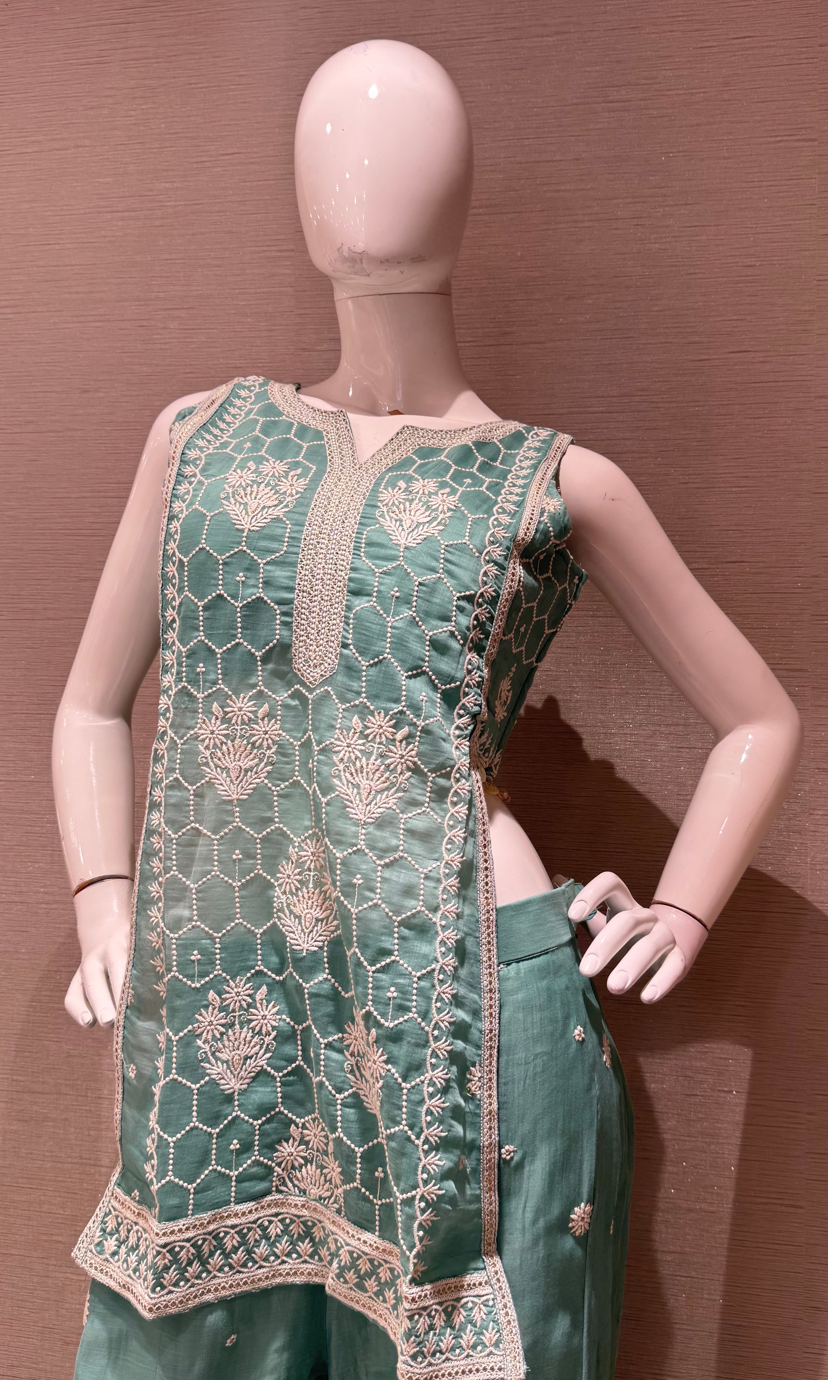 Sea green Floral Embroidered Palazzo with Sheer Dupatta