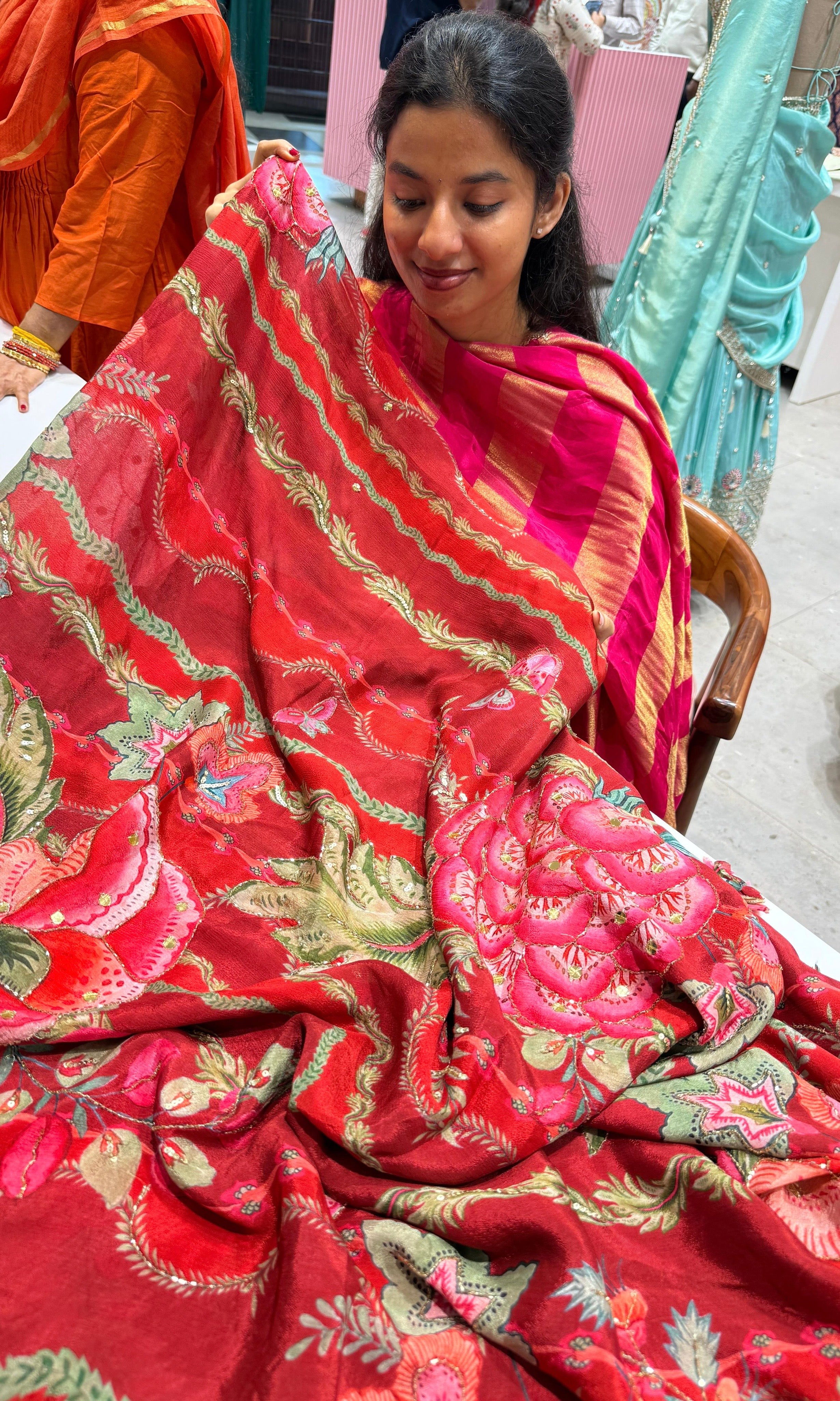 Red saree floral print with ready blouse