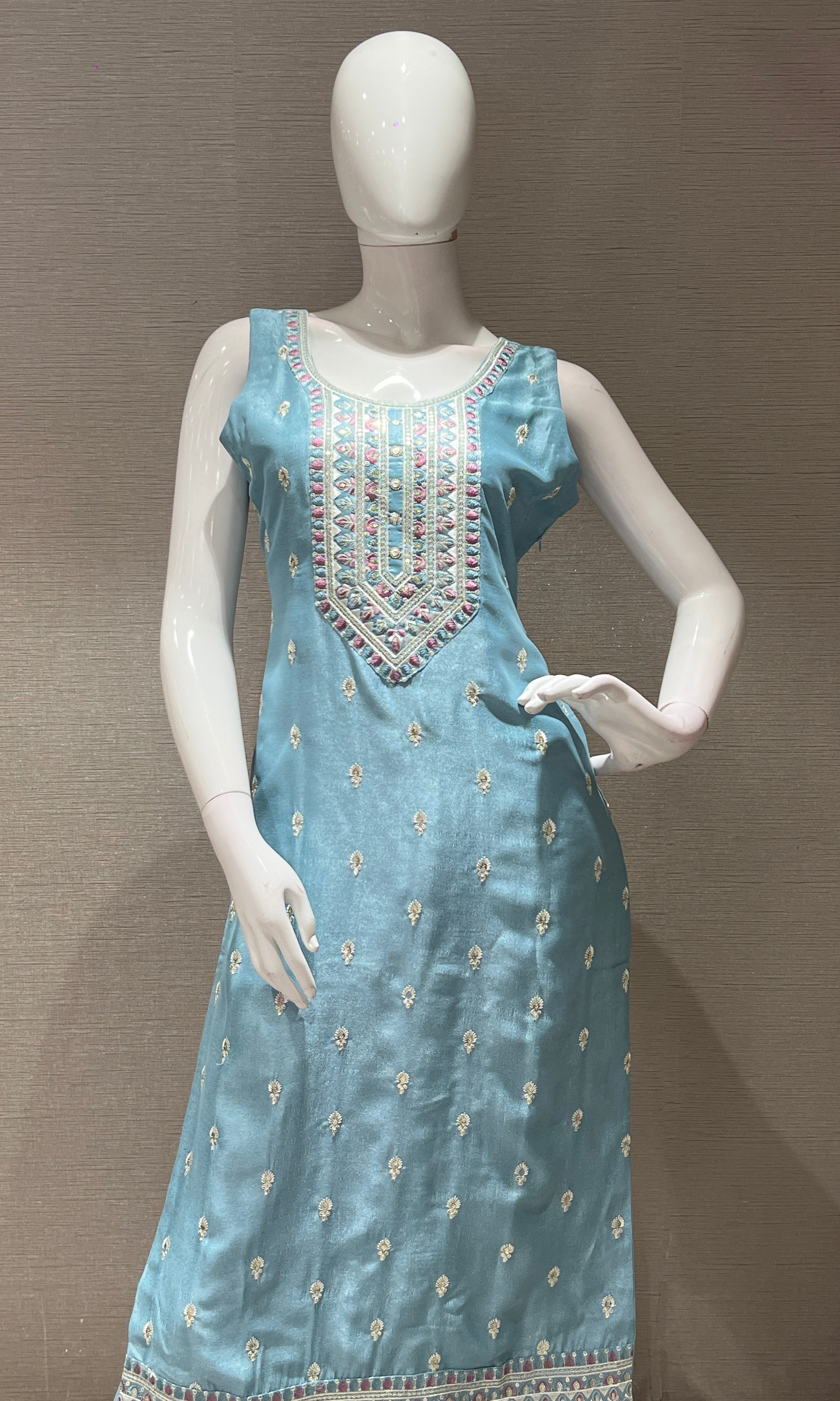 SEA blue kurta set with a pink dupatta