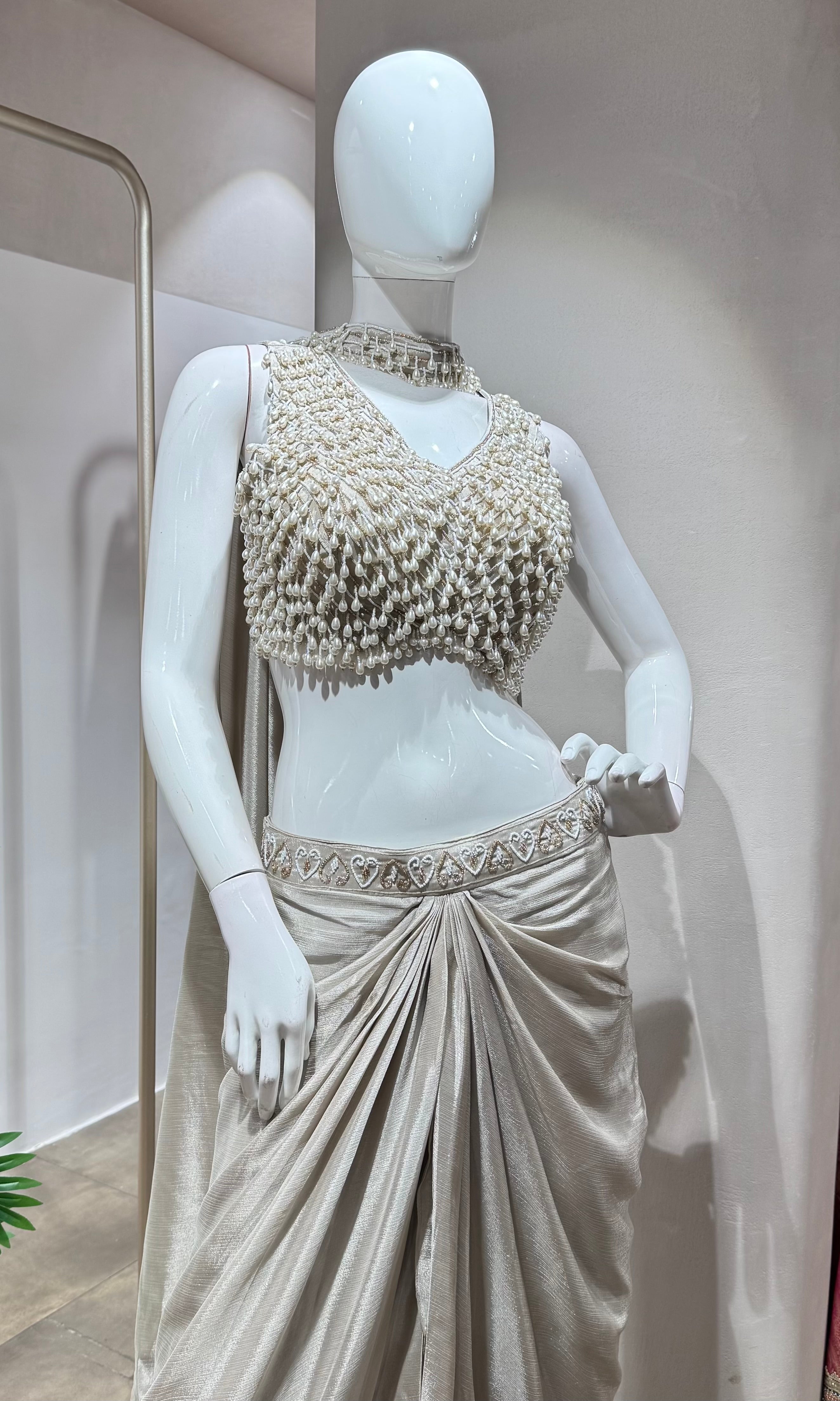 Grey designer pearl blouse with drape skirt