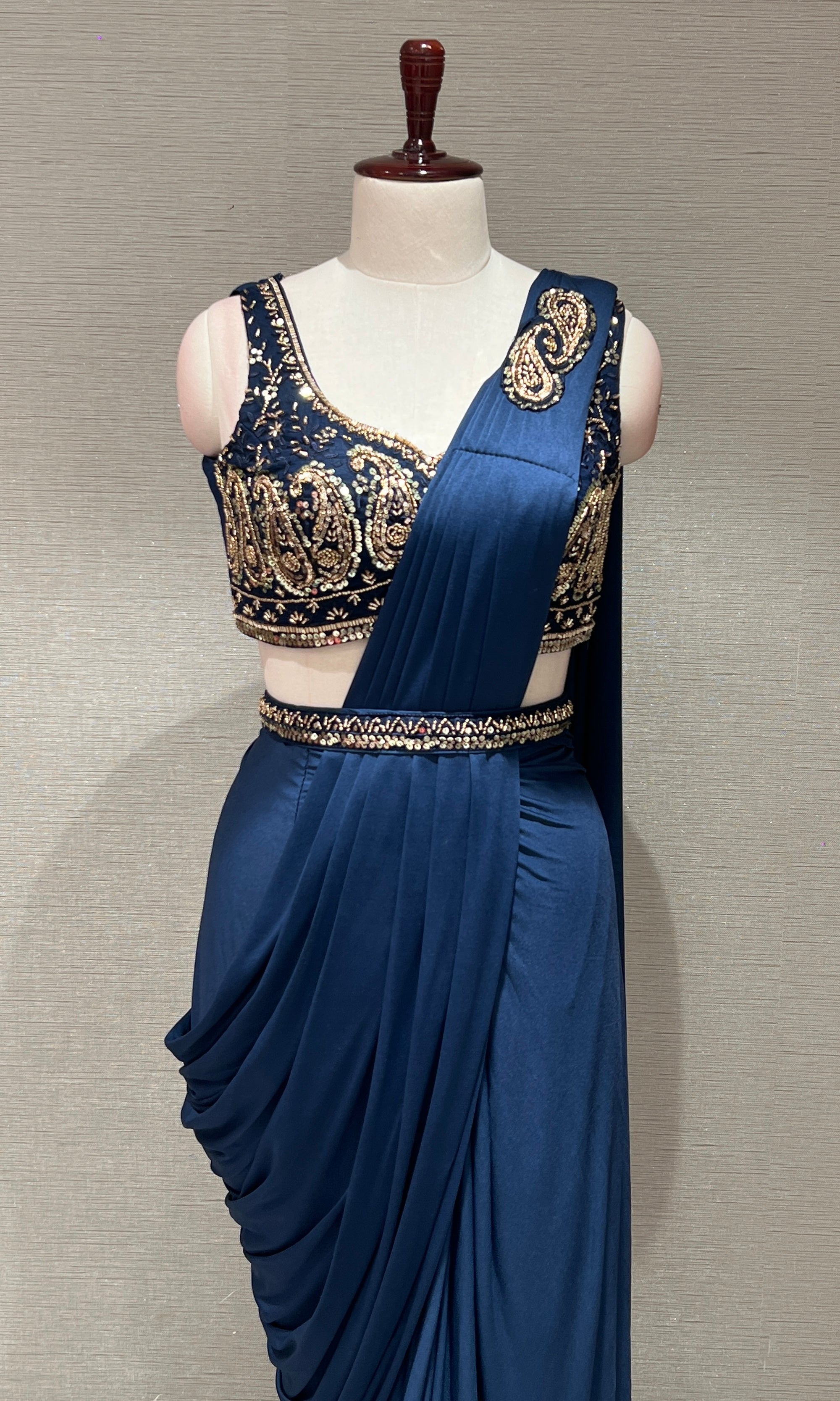 NAVY BLUE Drape Saree WITH BLOUSE & BELT
