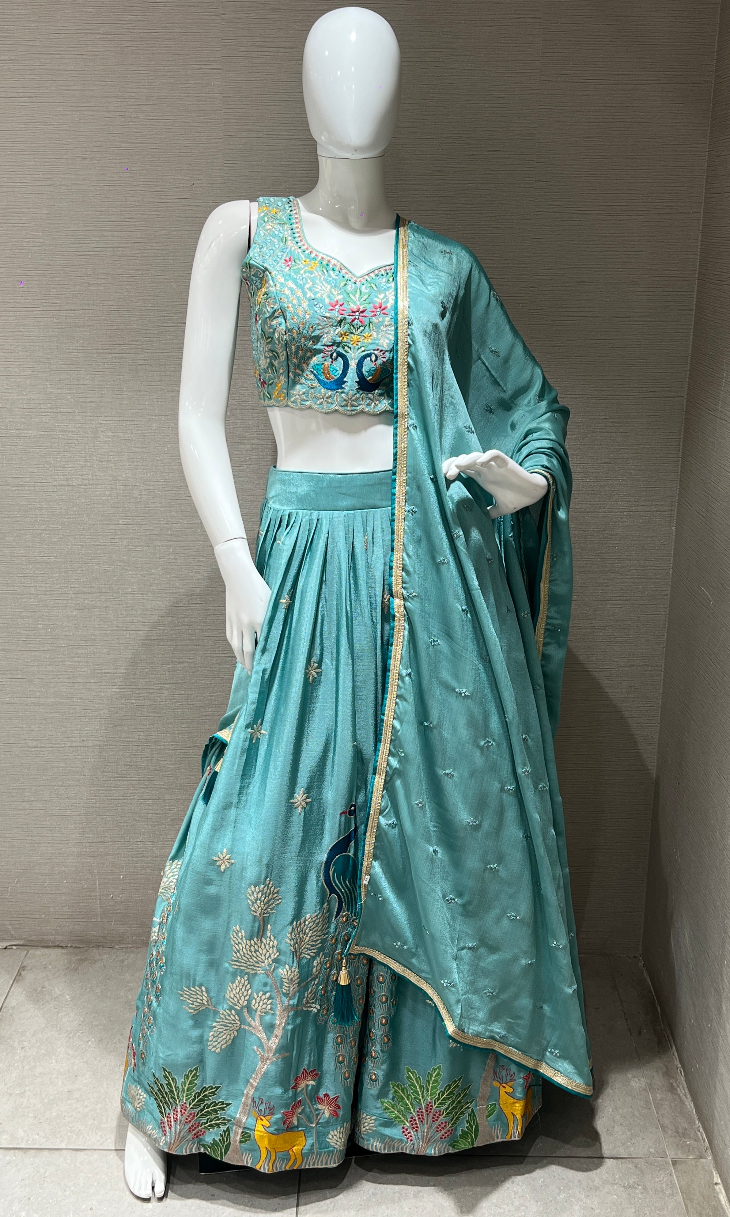 blue lehenga with  peacock embroidered
