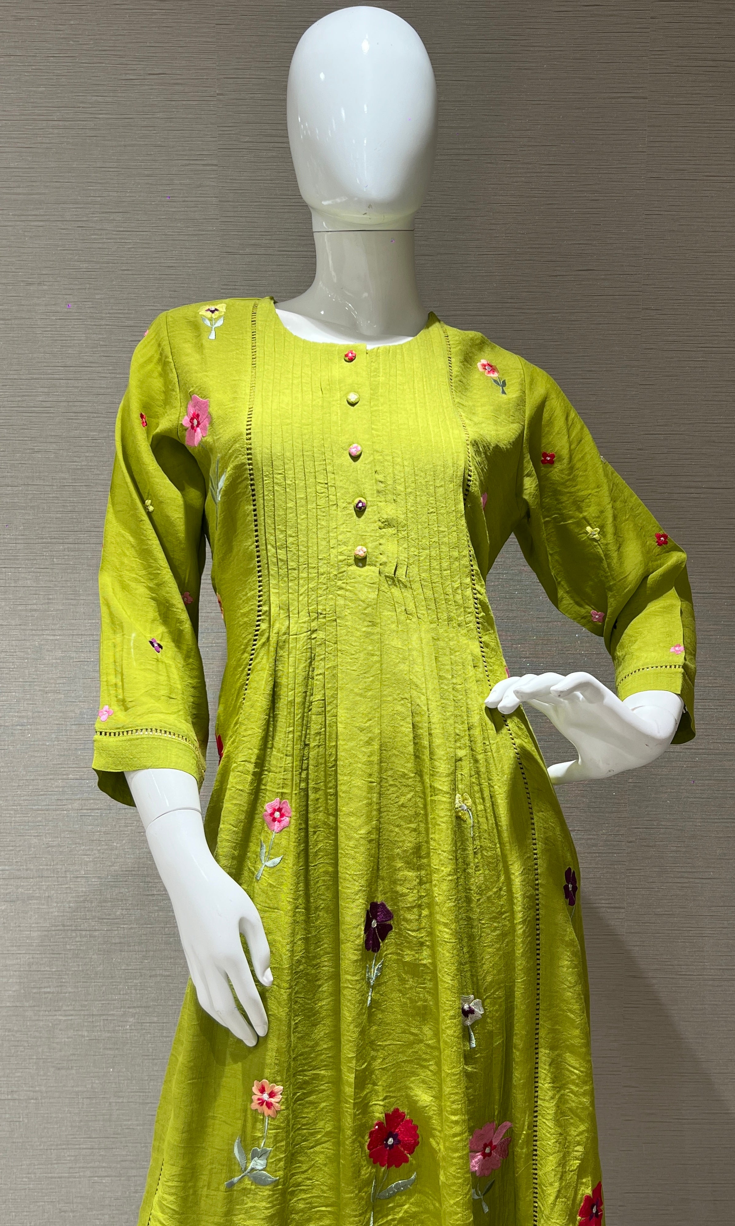 Green Floral embroidery A- Line top