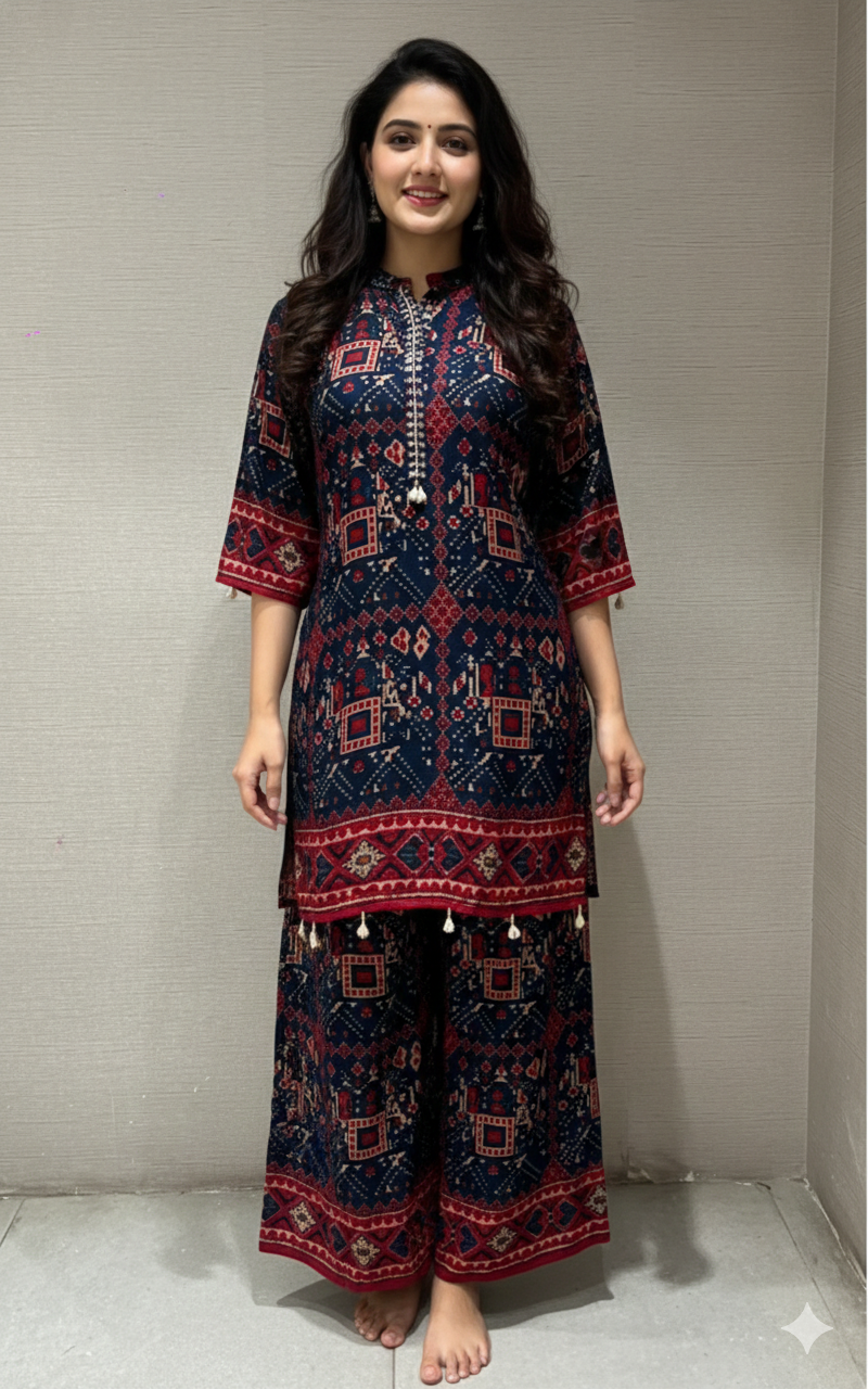 navy blue and red printed cord set