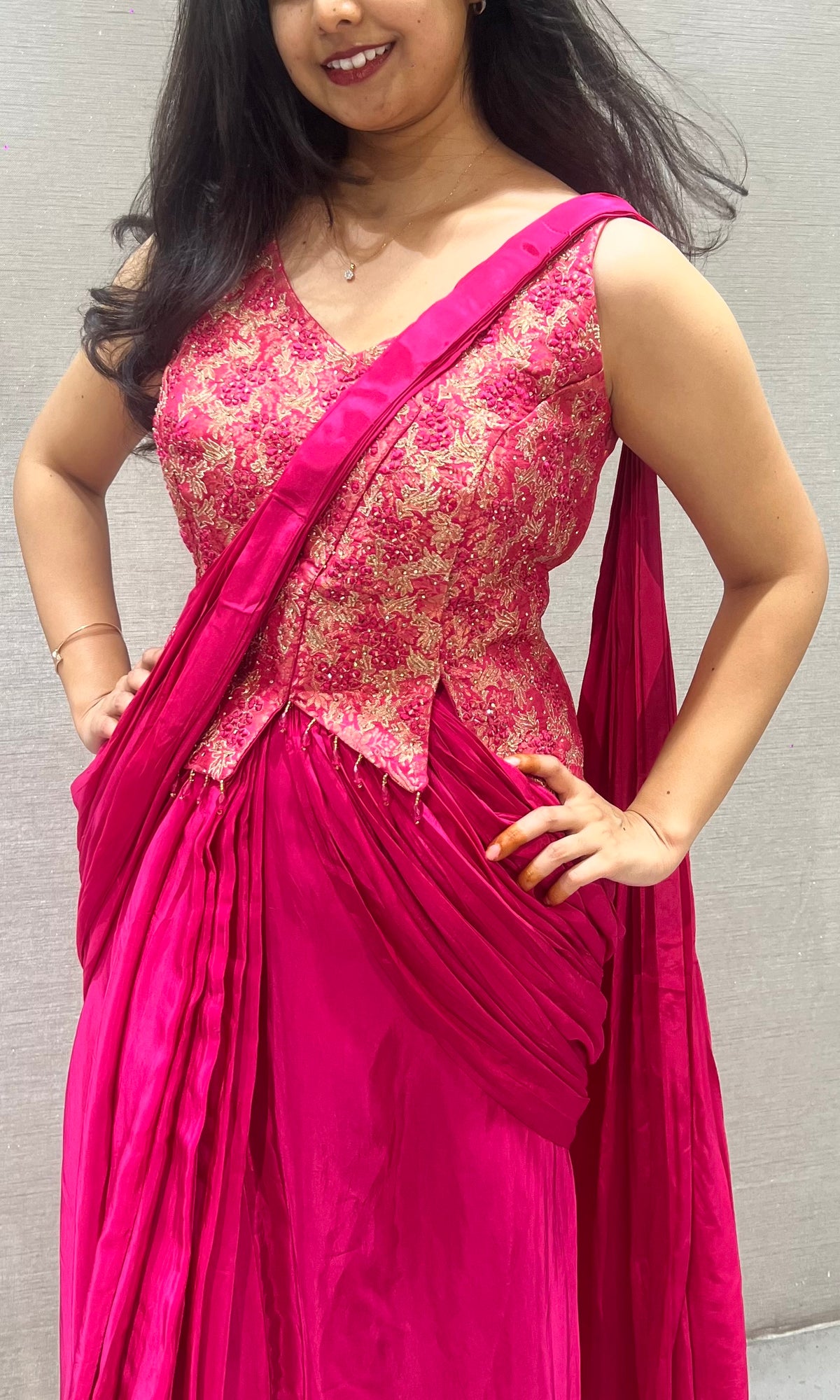 Fushion Pink Satin Dothi style skirt with Floral Blouse
