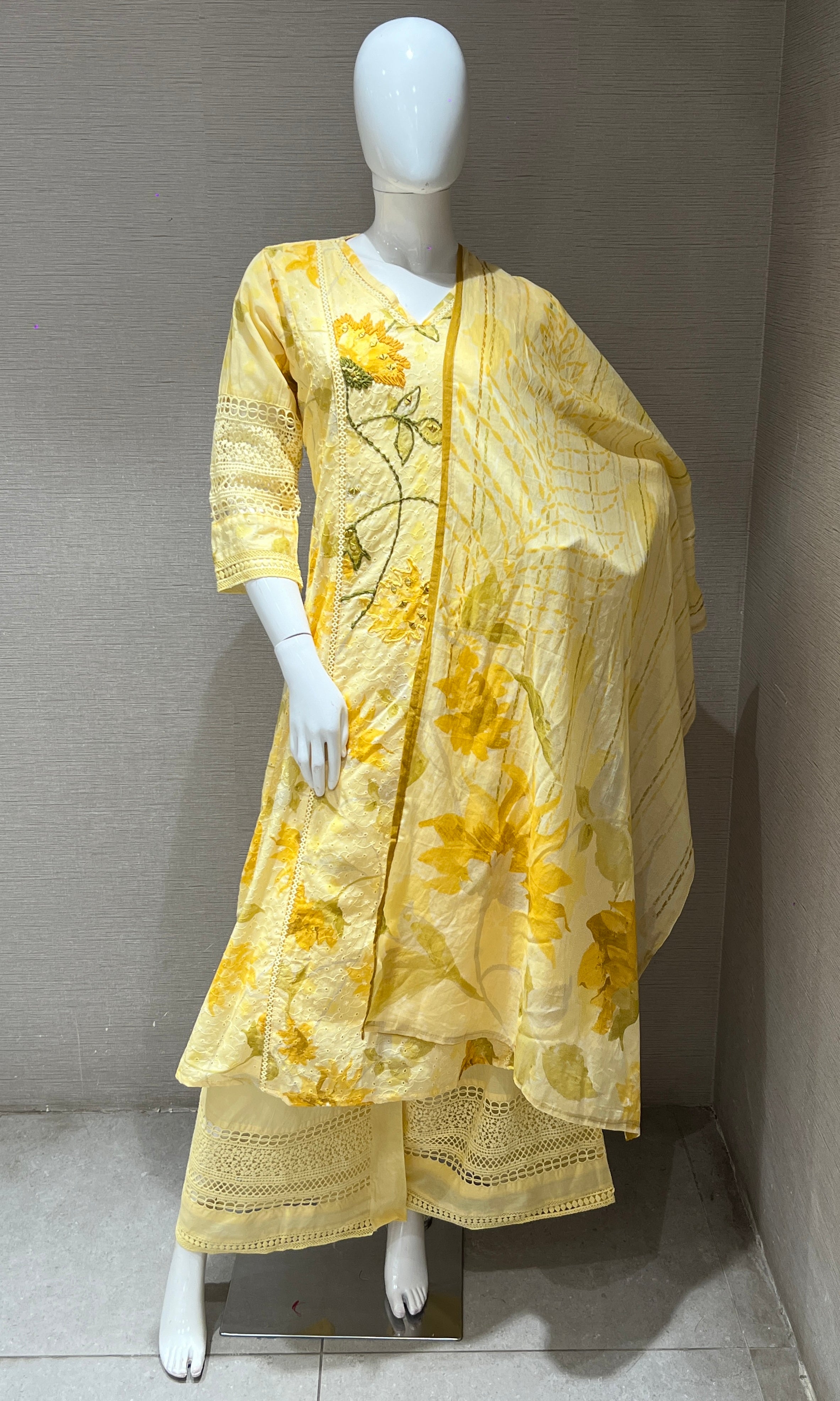 Yellow floral kurta with wide leg pants