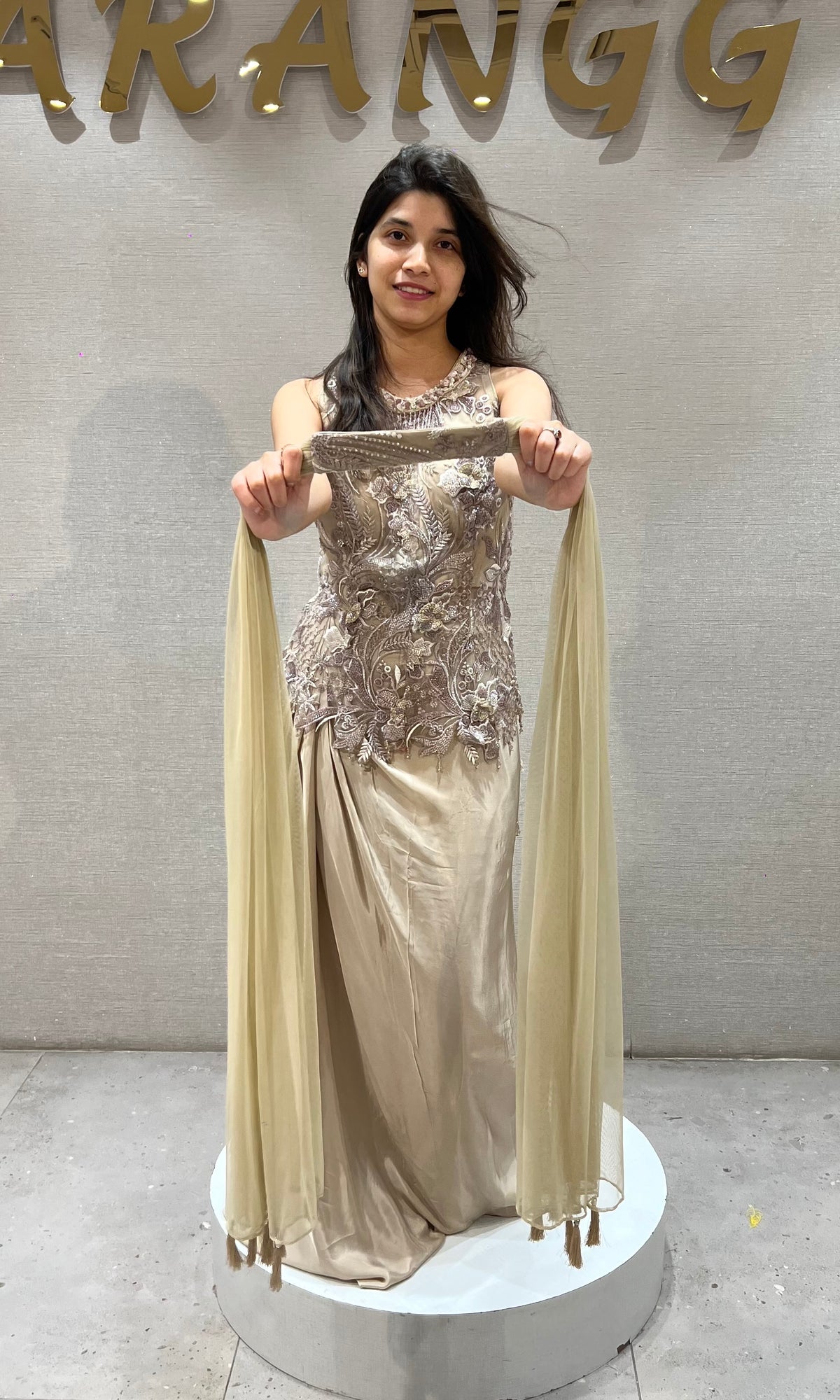 Fawn silk satin Gold Corset Draped Skirt