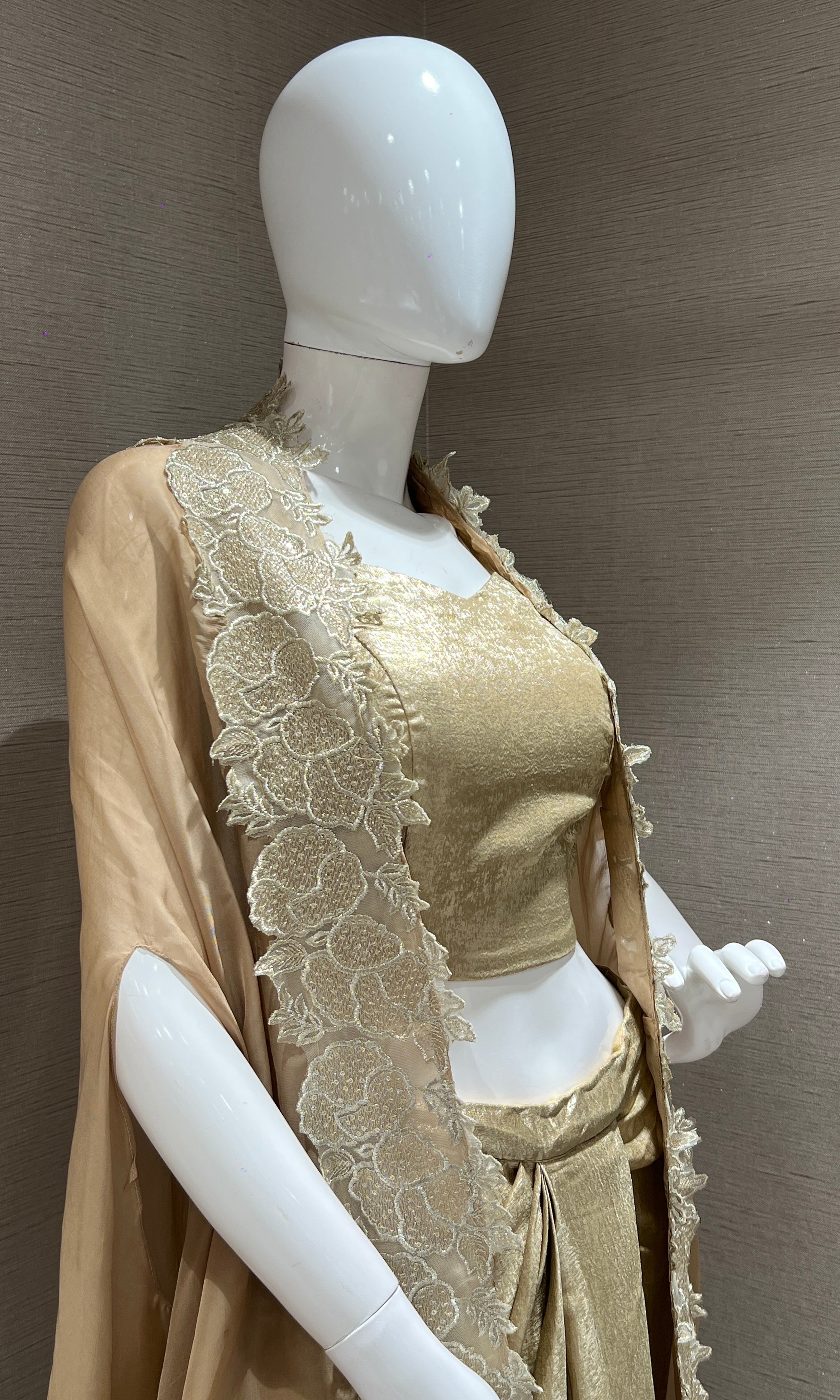 BEIGE RUFFLE DRAPE 3 PIECE INDO WESTERN DRESS