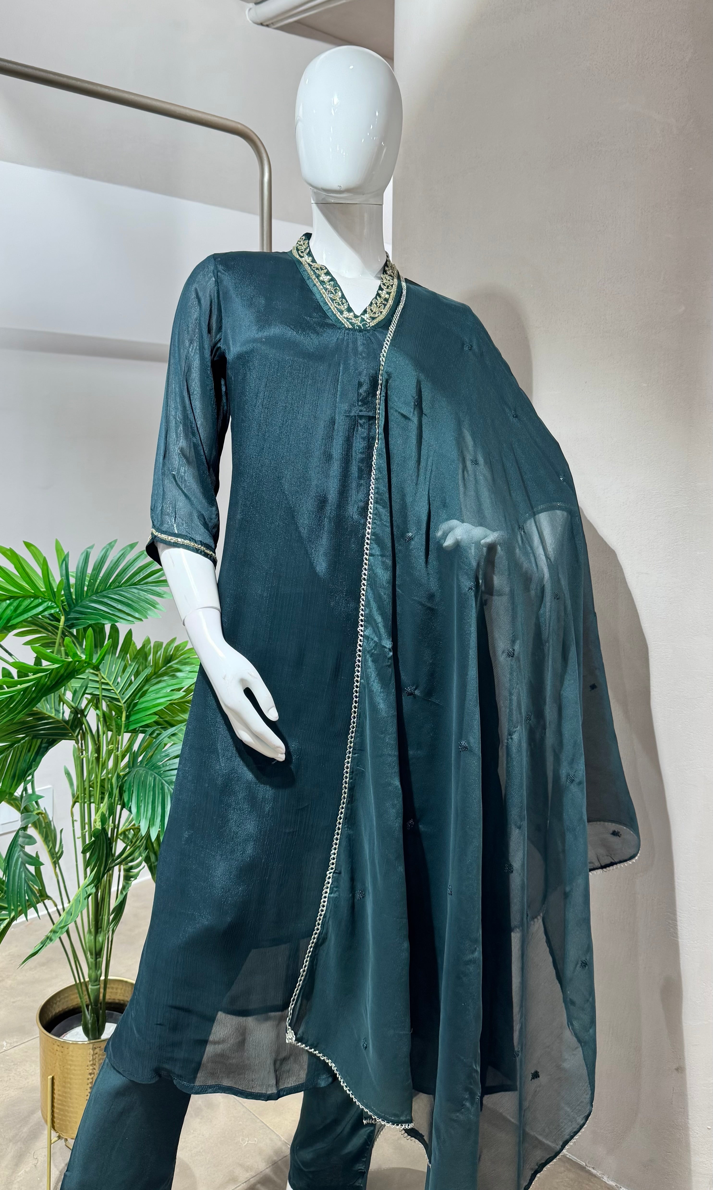 GREEN SHIMMER TISSUE KURTA SET
