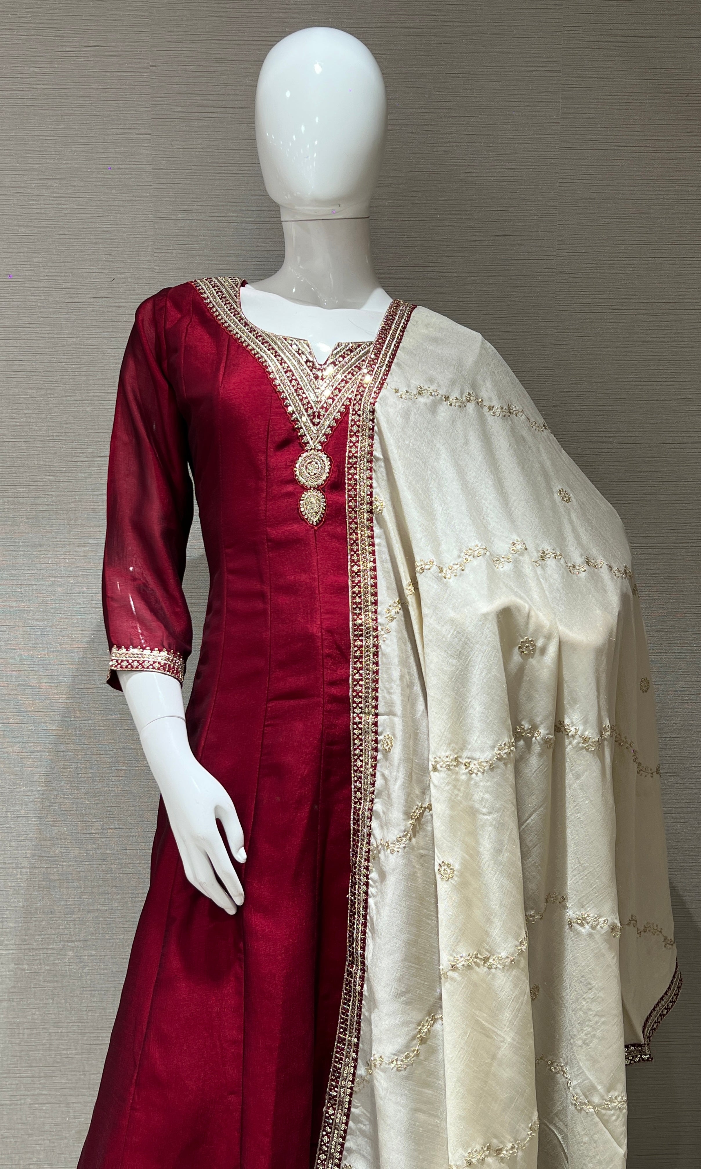 Maroon kurta set with cream dupatta