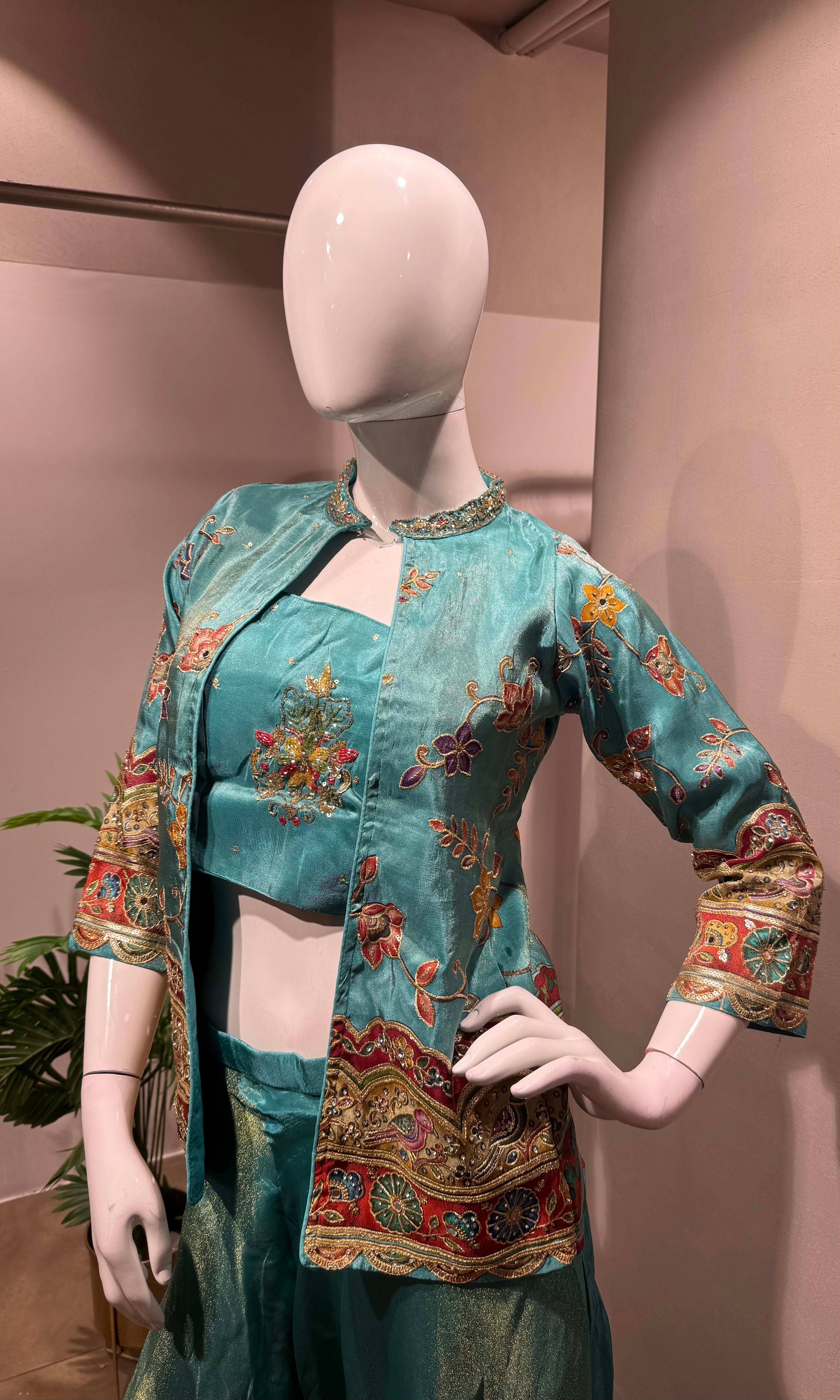 green Silk Jacket Style Palazzo set