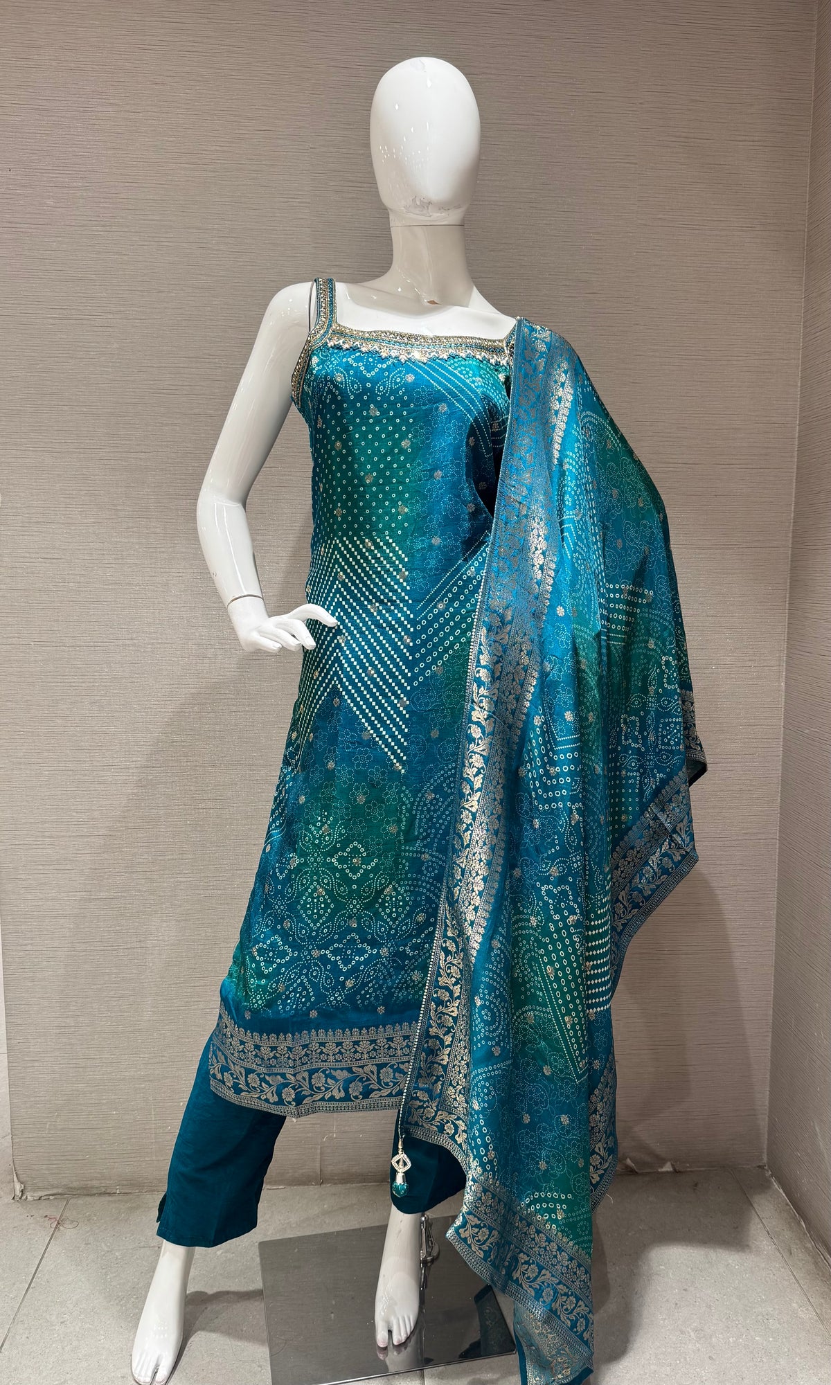 Blue Banarasi silk kurta set with dupatta