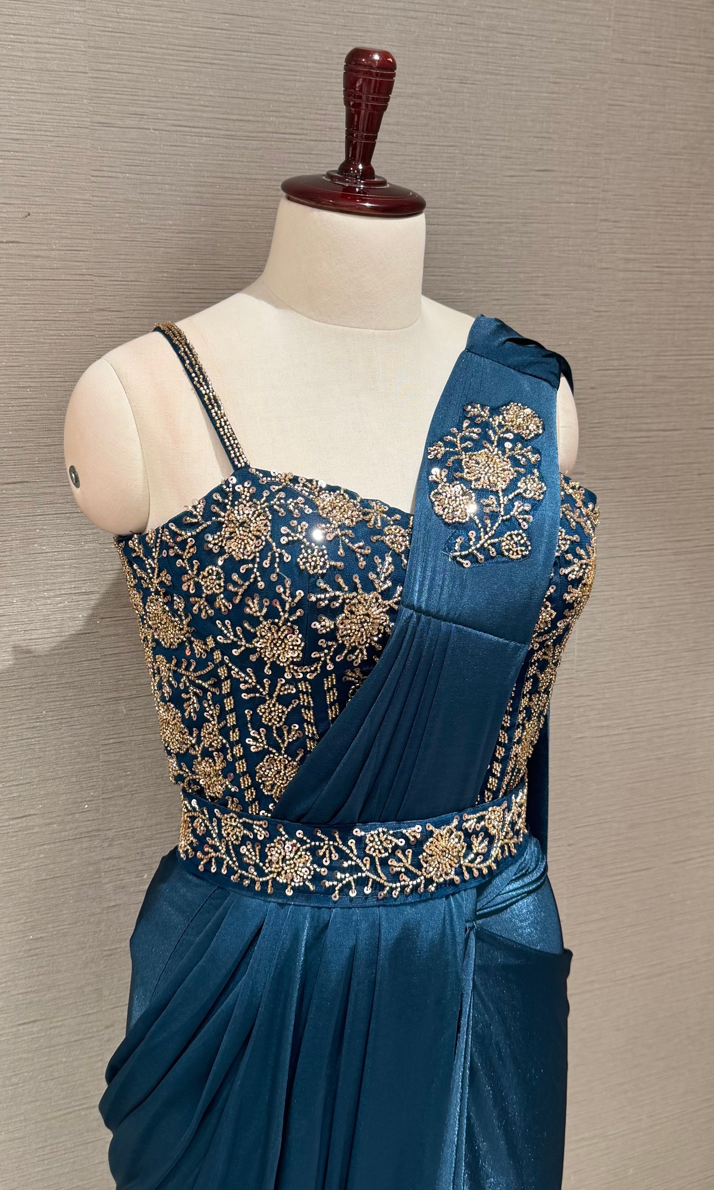 Blue Drape saree with embellished corset blouse