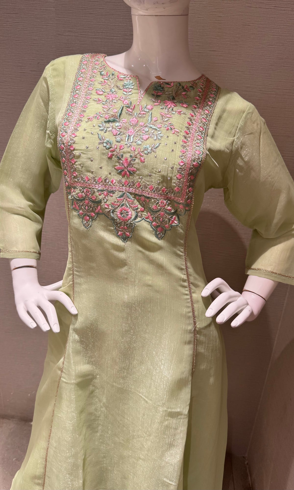 Pastel Green Floral Embroidered A-Line Kurta top