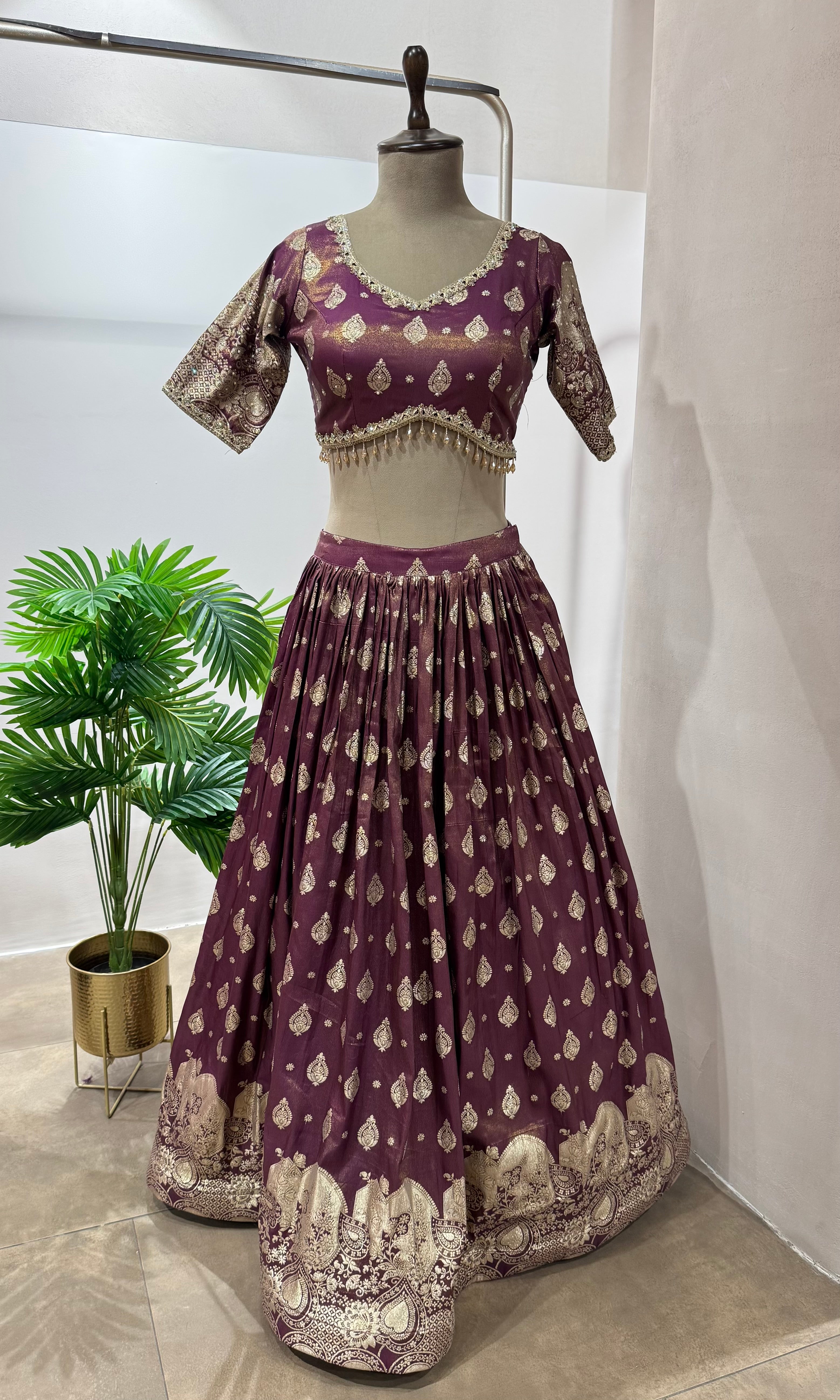 Wine GOLDEN CROP TOP LEHENGA