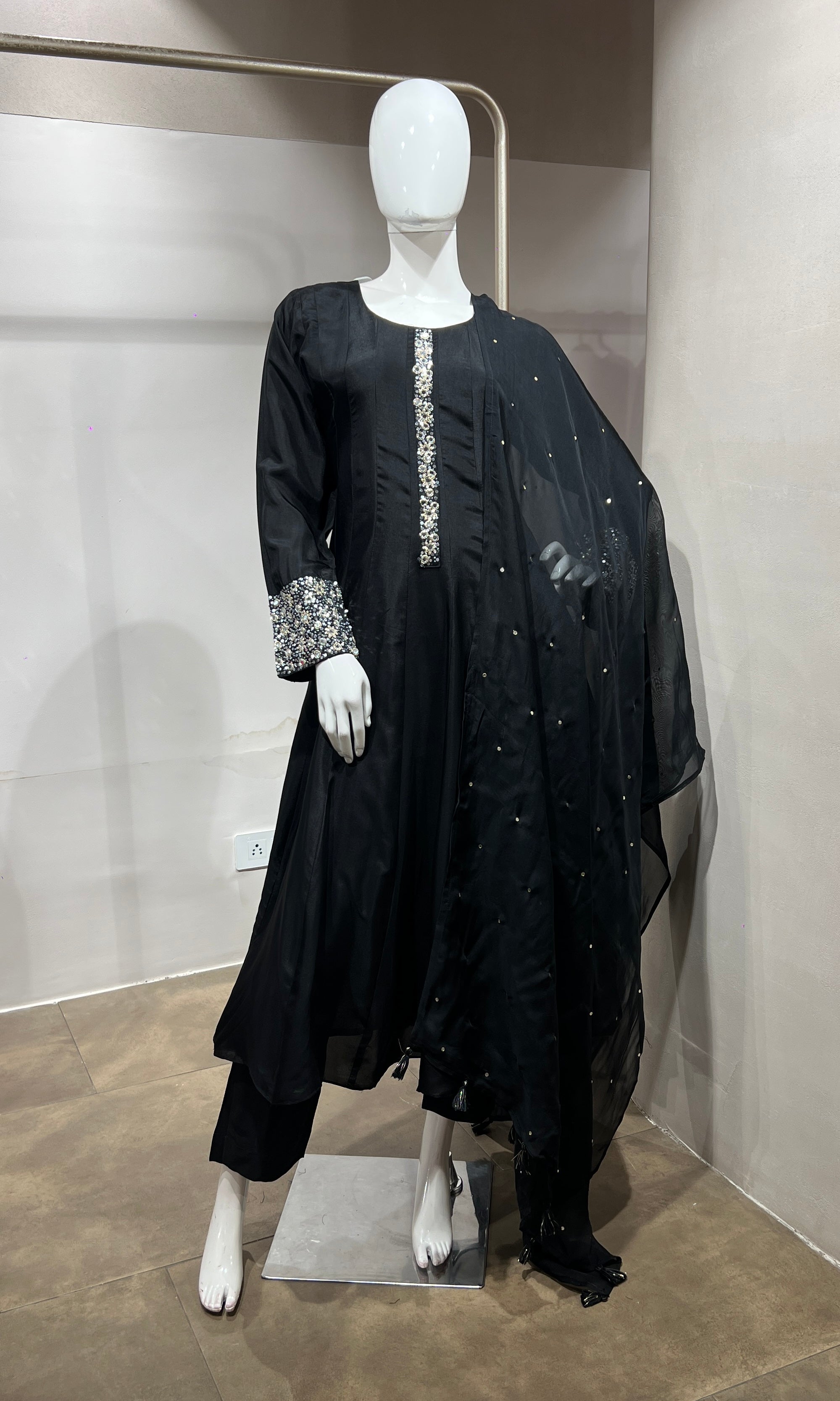 black Straight Kurta Set with Mirror Embroidery
