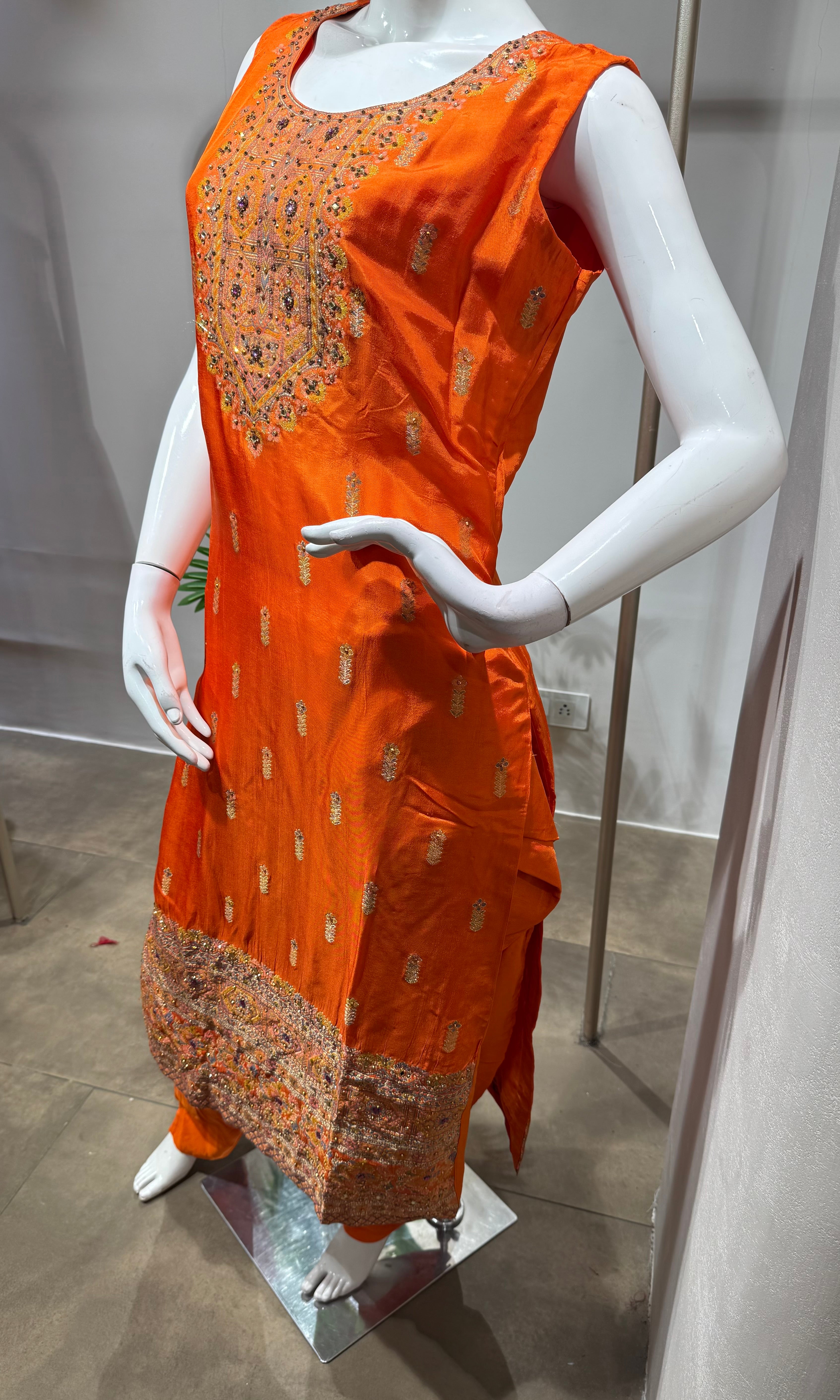 orange and gold embroidered kurta set
