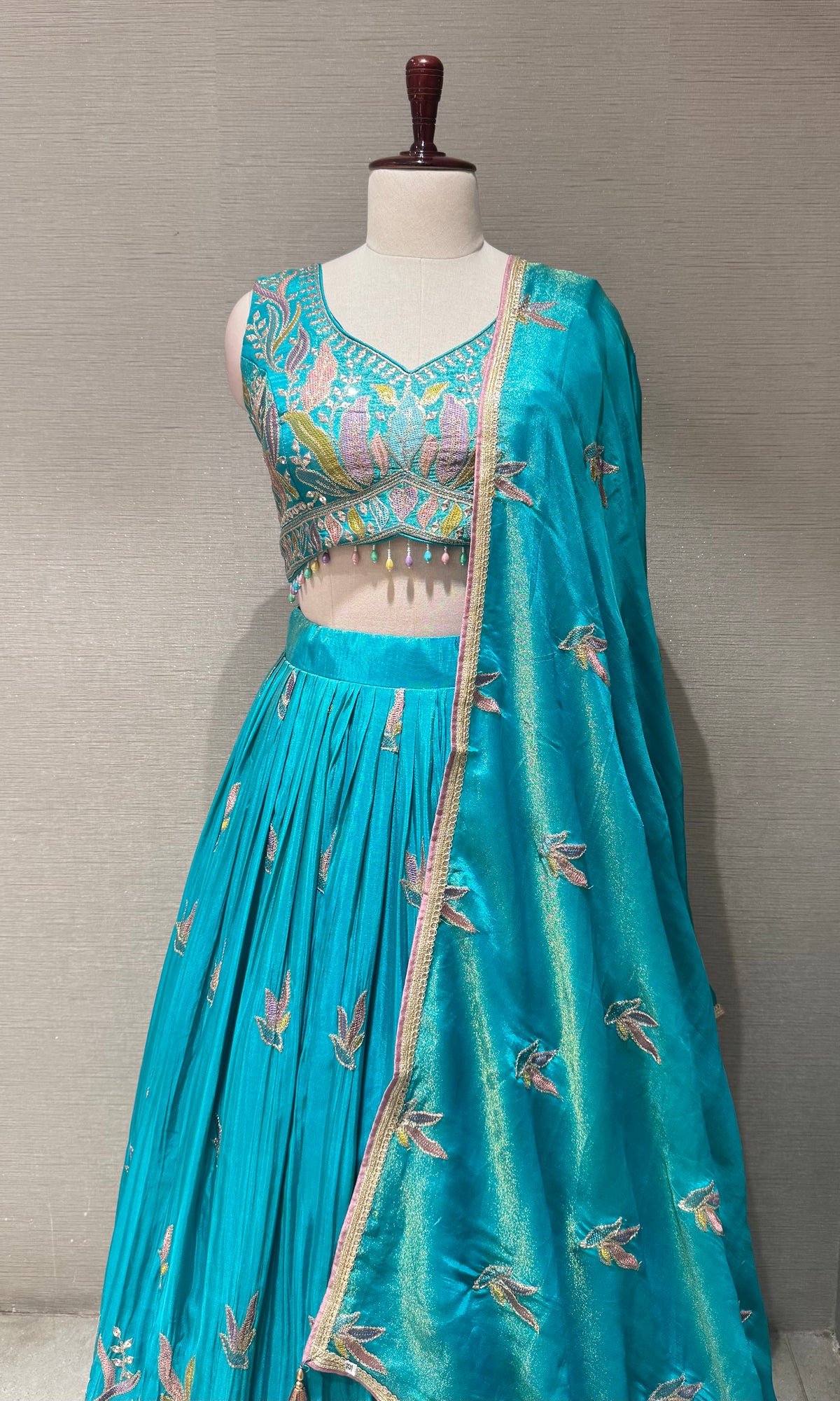 Sea Blue Tissue silk Floral Print Lehenga Set