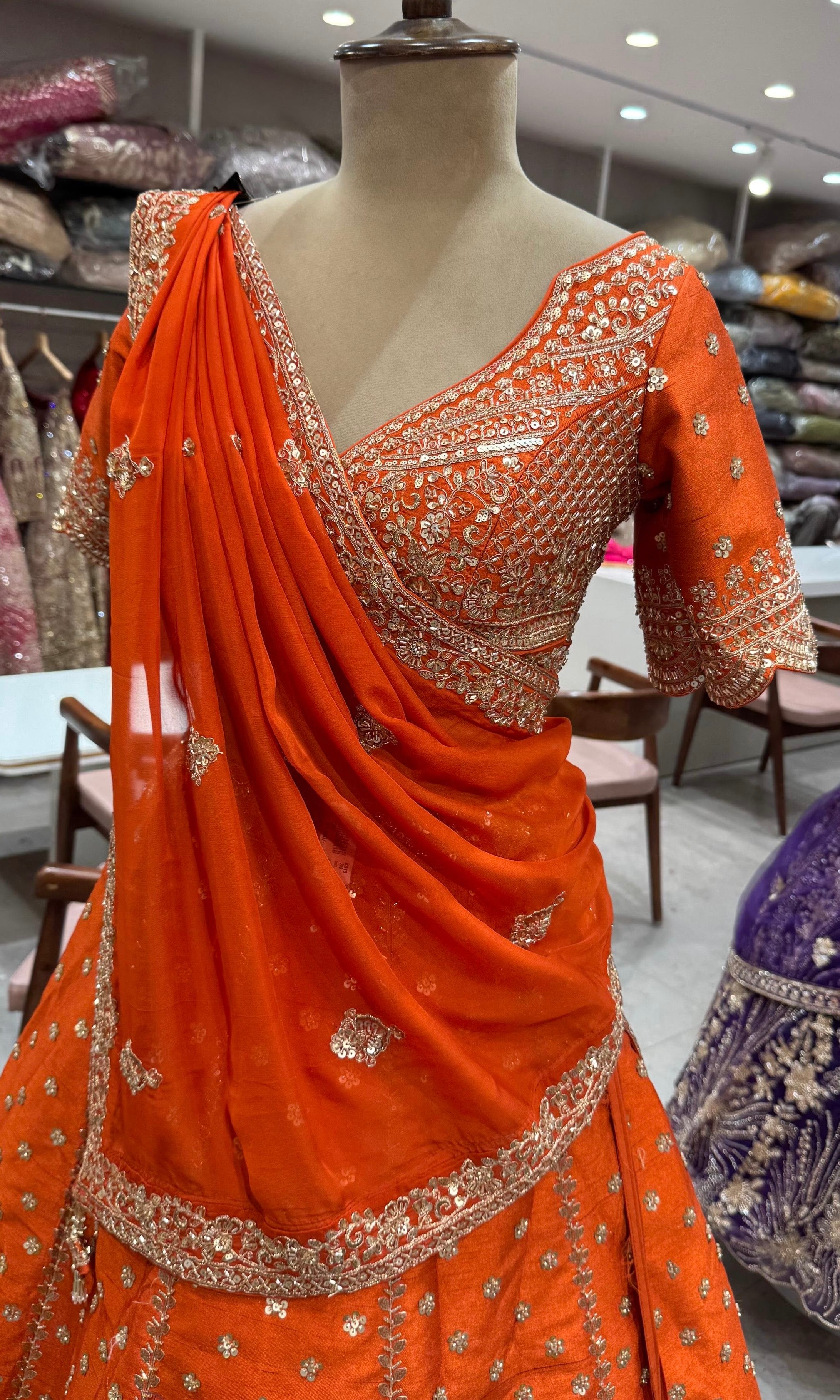 Rust Orange Zari and Sequins Lehenga
