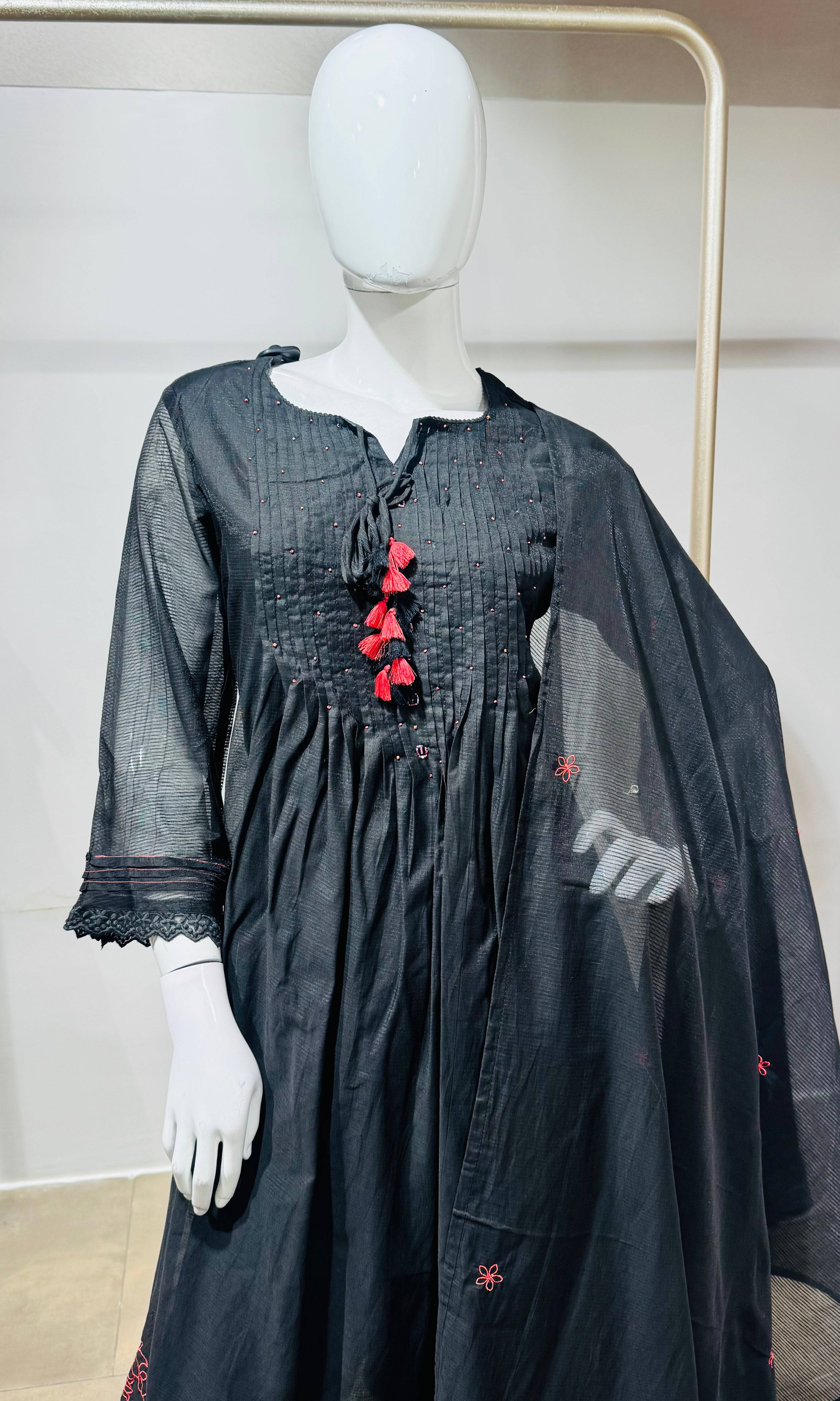Black Pleated Kurti Set with Red Tassels