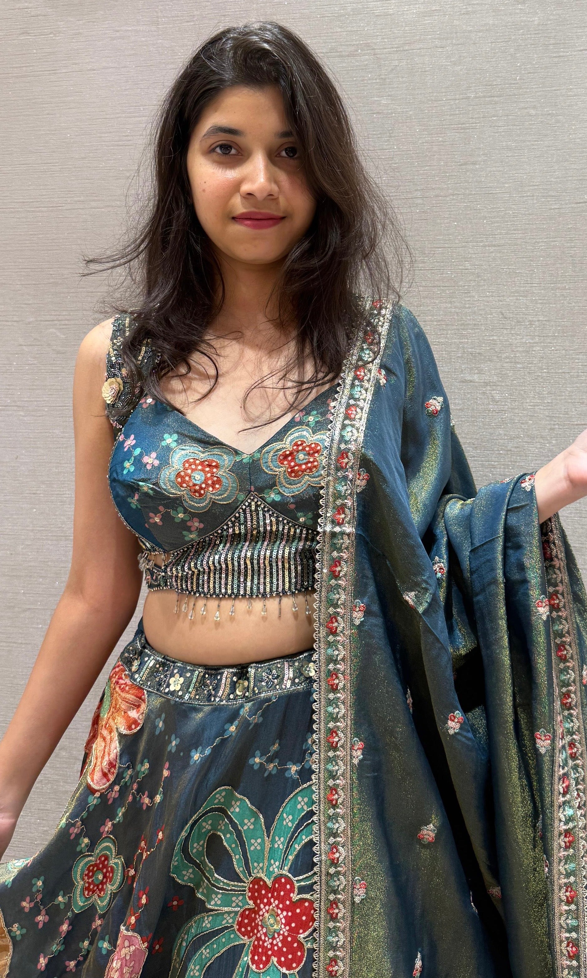 Teal Base Lehenga With Multicolour Floral Print