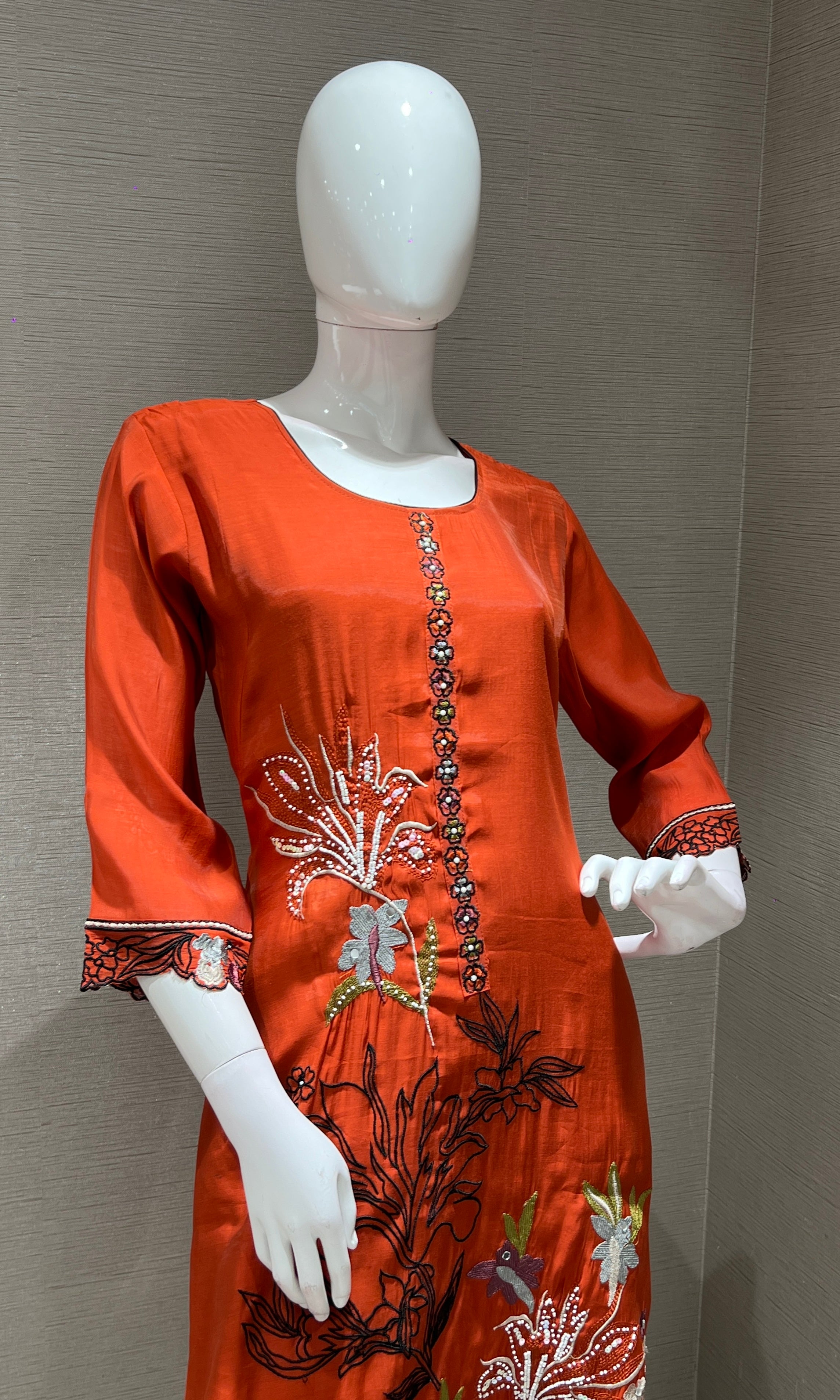 RUST Floral Embellished MUL CHANDERI KURTA SET